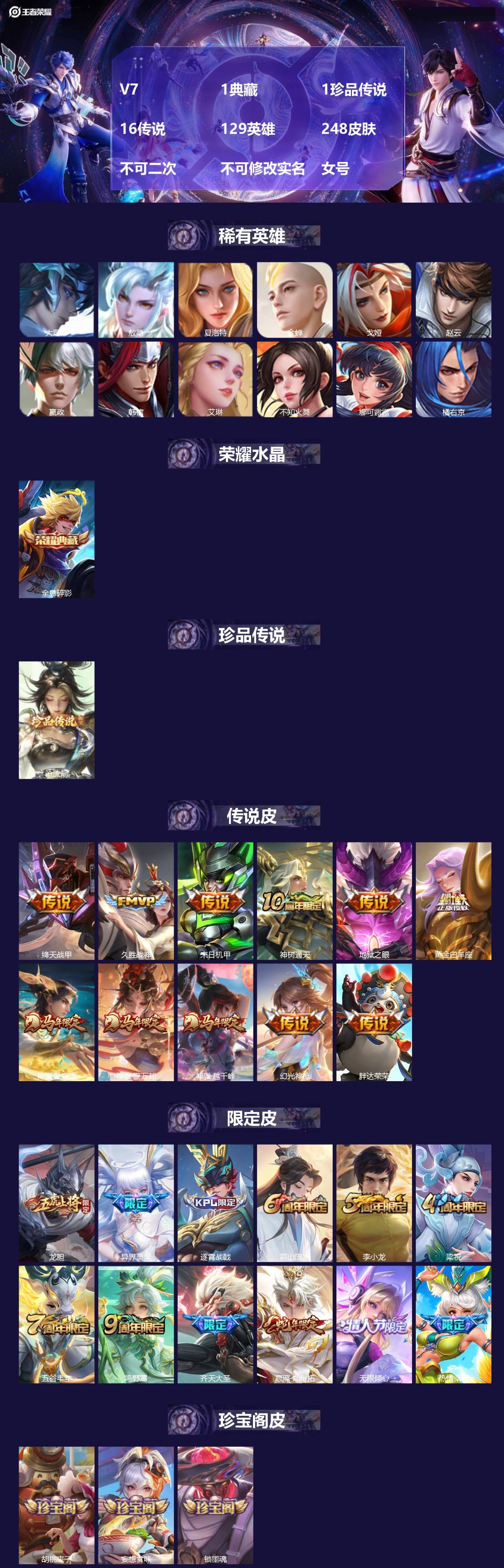 王者荣耀账号安卓QQ[23994364]V7 1典藏 1珍品传说 16传说 129英雄 248皮肤 不可二次 不可修改实