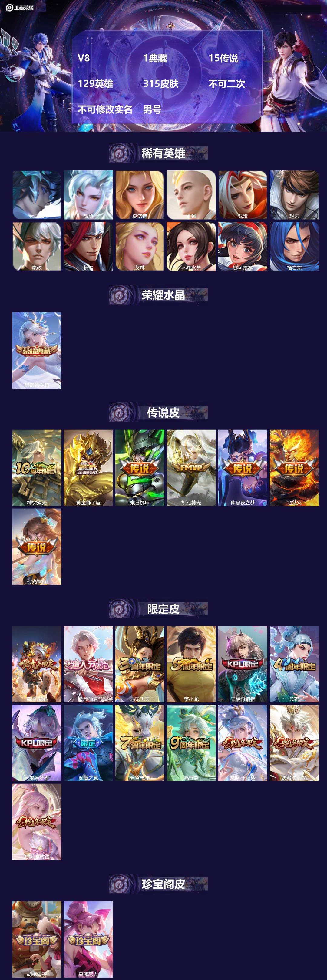 王者荣耀账号安卓QQ[23999269]V8 1典藏 15传说 129英雄 315皮肤 不可二次 不可修改实名 男号 
