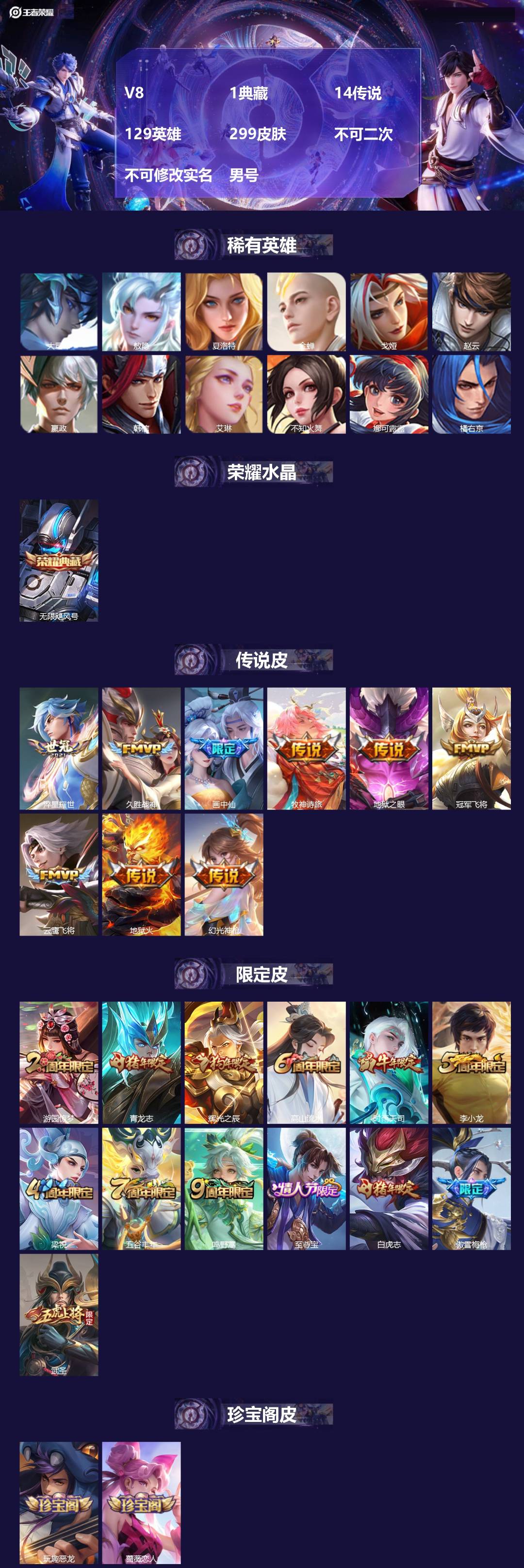 王者荣耀账号安卓QQ[24001369]V8 1典藏 14传说 129英雄 299皮肤 不可二次 不可修改实名 男号 
