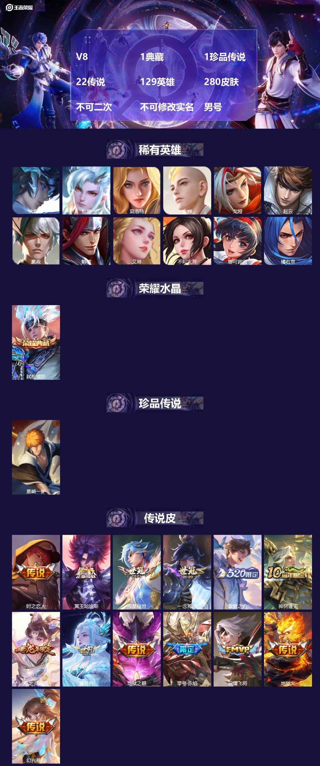 王者荣耀账号苹果QQV8 1典藏 1珍品传说 22传说 129英雄 280皮肤 不可二次 不可修改实名 男号 
【英雄全
