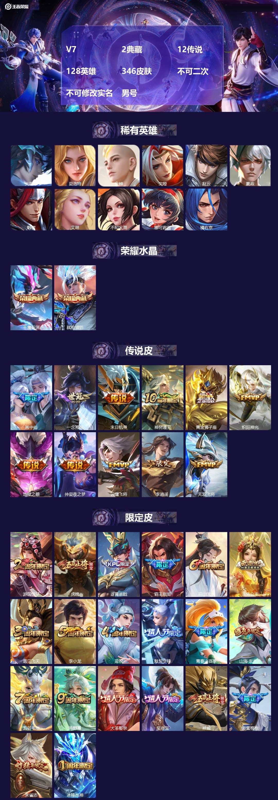 王者荣耀账号安卓QQ[24088558]V7 2典藏 12传说 128英雄 346皮肤 不可二次 不可修改实名 男号 
