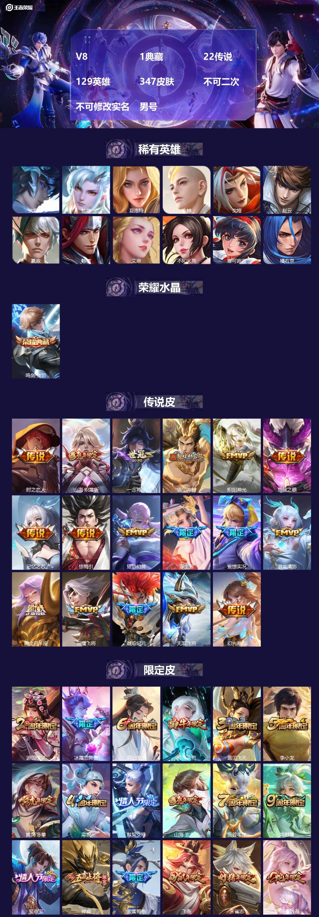 王者荣耀账号安卓QQ[24089606]V8 1典藏 22传说 129英雄 347皮肤 不可二次 不可修改实名 男号 
