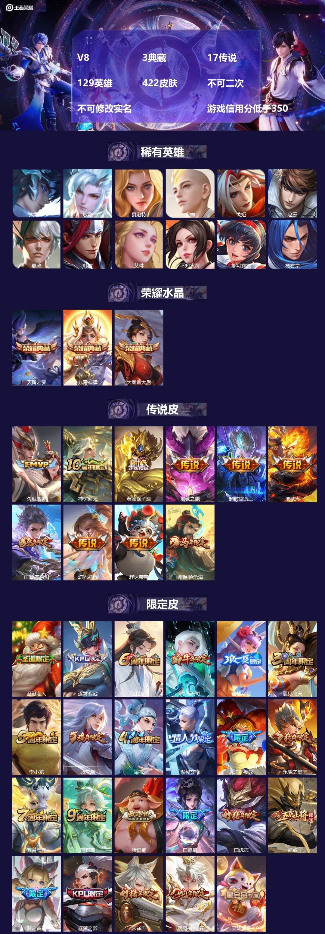 王者荣耀账号安卓QQ[24136377]V8 3典藏 17传说 129英雄 422皮肤 不可二次 不可修改实名  游戏信