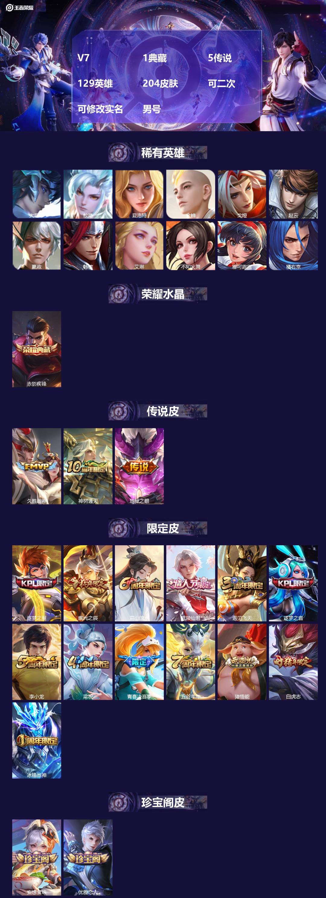 王者荣耀账号安卓QQ[24138459]V7 1典藏 5传说 129英雄 204皮肤 可二次 可修改实名 男号 
【英雄