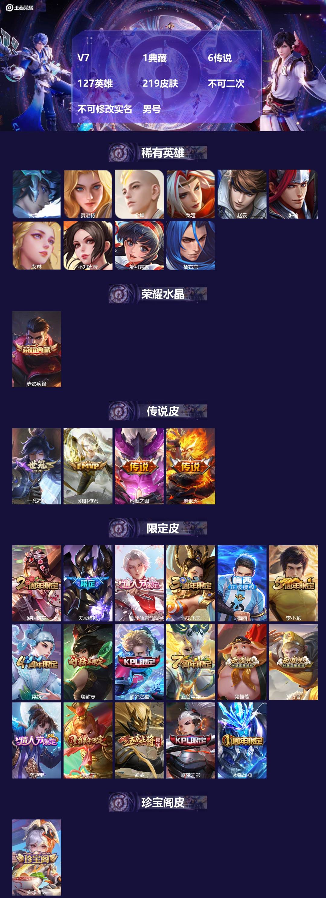 王者荣耀账号安卓QQ[24163003]V7 1典藏 6传说 127英雄 219皮肤 不可二次 不可修改实名 男号 
【