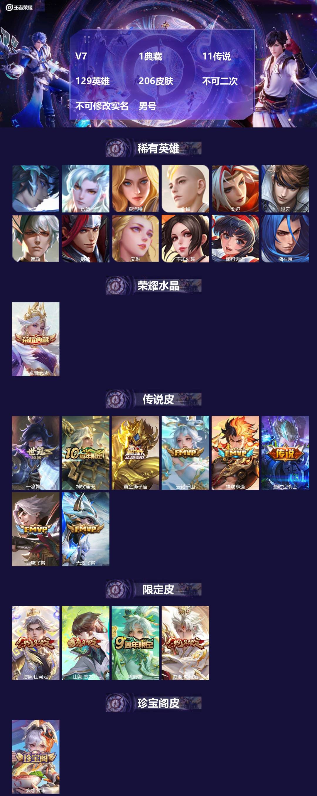 王者荣耀账号安卓QQ[24176108]V7 1典藏 11传说 129英雄 206皮肤 不可二次 不可修改实名 男号 
