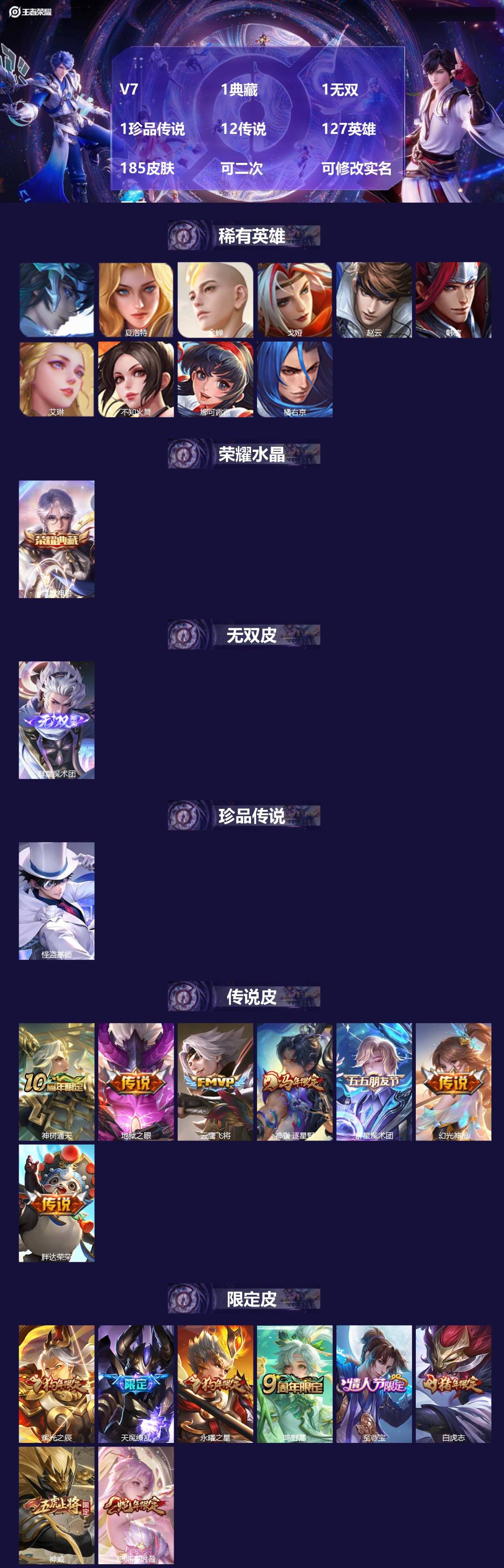 王者荣耀账号安卓QQV7 1典藏 1无双 1珍品传说 12传说 127英雄 185皮肤 可二次 可修改实名 男号 
【英
