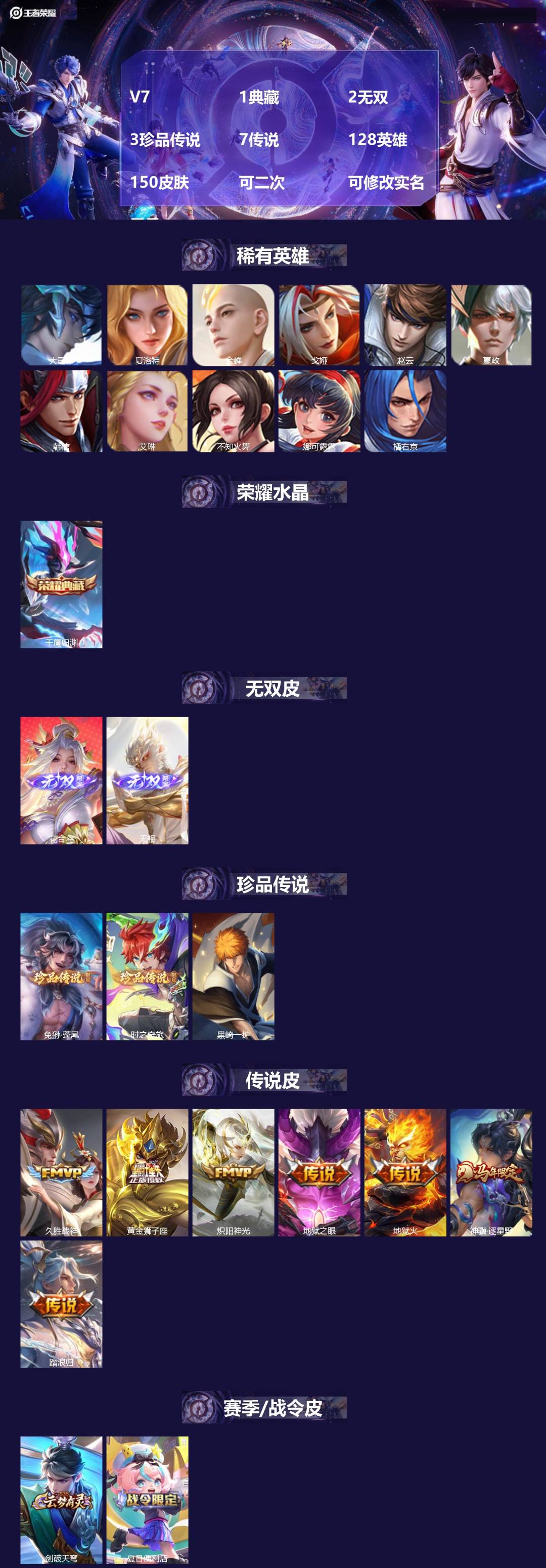 王者荣耀账号苹果QQV7 1典藏 2无双 3珍品传说 7传说 128英雄 150皮肤 可二次 可修改实名 男号 
【英雄