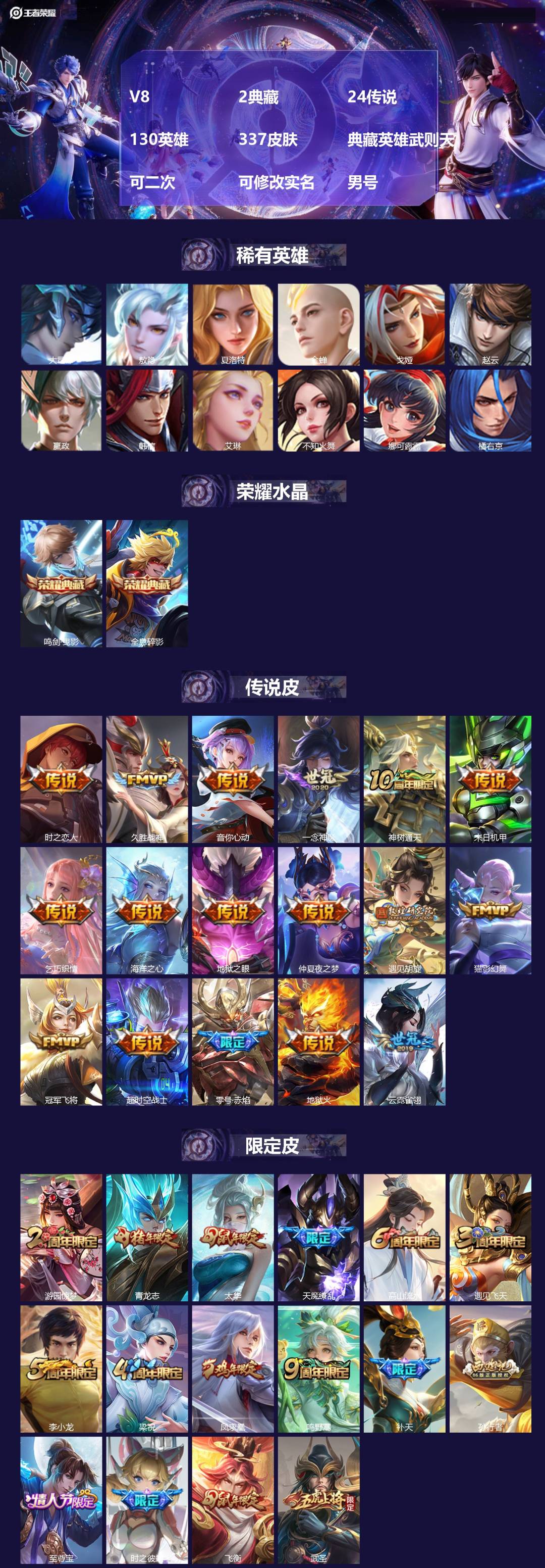 王者荣耀账号安卓QQ[24208946]V8 2典藏 24传说 130英雄 337皮肤 典藏英雄武则天 可二次 可修改实