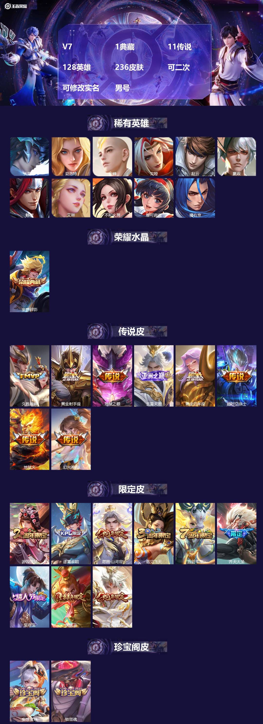 王者荣耀账号安卓QQ[24228361]V7 1典藏 11传说 128英雄 236皮肤 可二次 可修改实名 男号 
【英