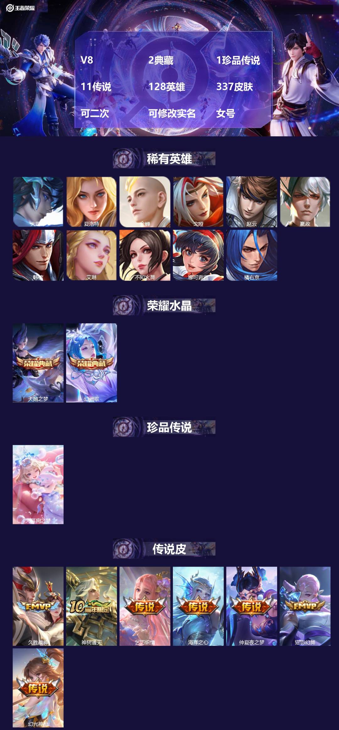 王者荣耀账号安卓QQV8 2典藏 1珍品传说 11传说 128英雄 337皮肤 可二次 可修改实名 女号 
【稀有英雄】