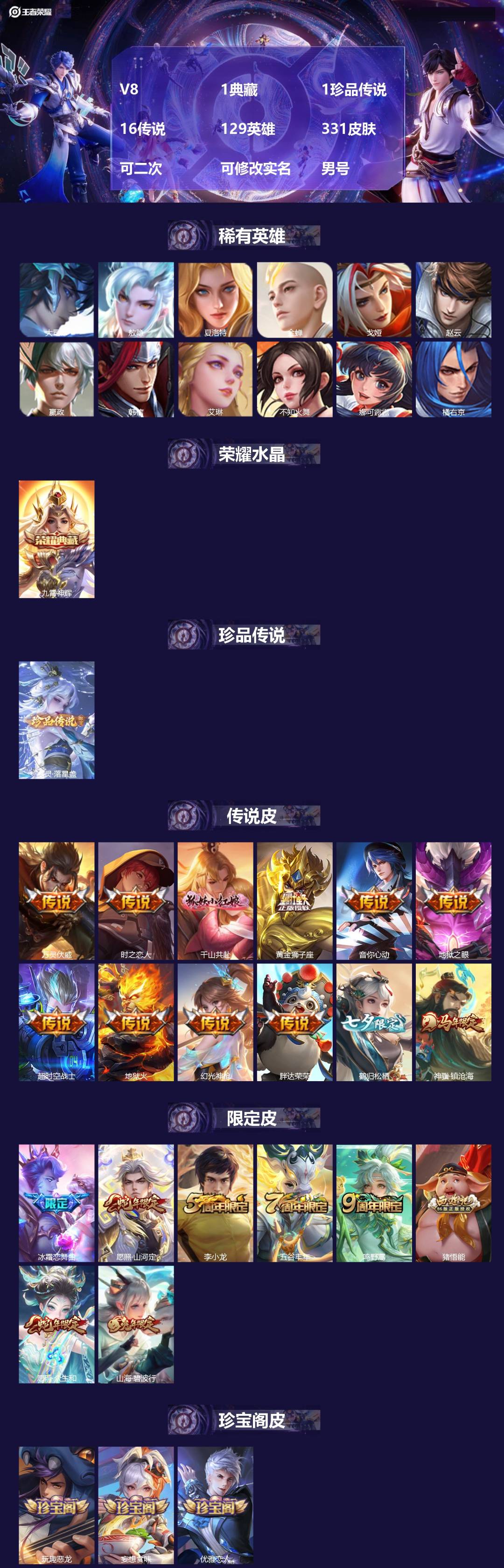 王者荣耀账号苹果QQV8 1典藏 1珍品传说 16传说 129英雄 331皮肤 可二次 可修改实名 男号 
【英雄全皮】