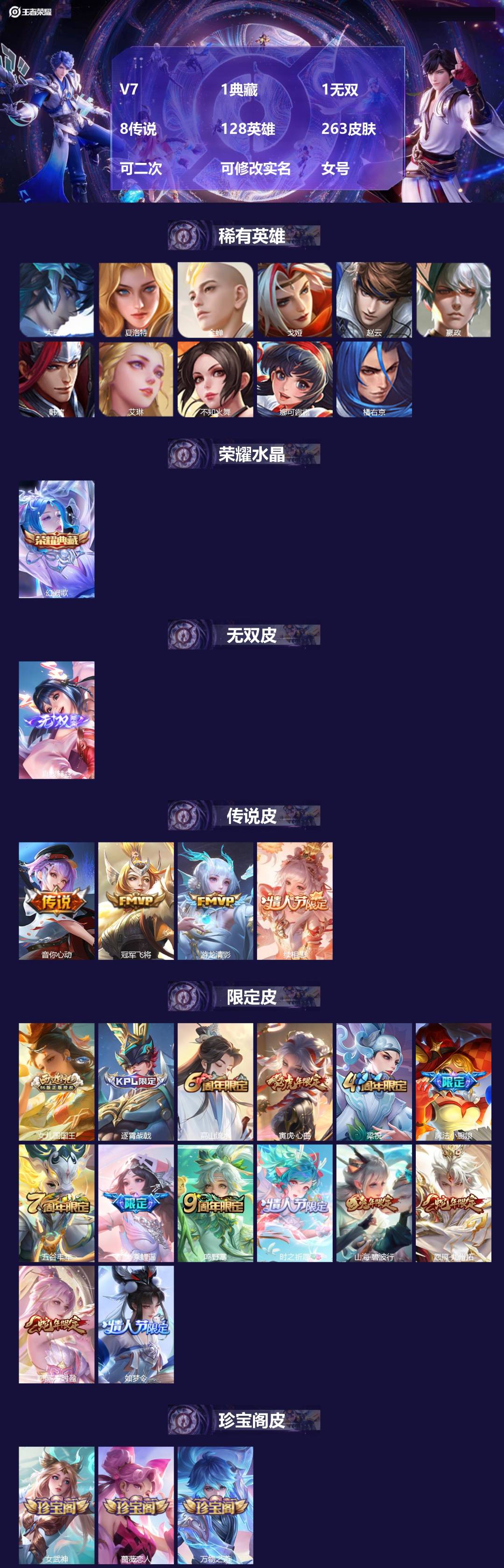 王者荣耀账号安卓QQ[24374922]V7 1典藏 1无双 8传说 128英雄 263皮肤 可二次 可修改实名 女号 