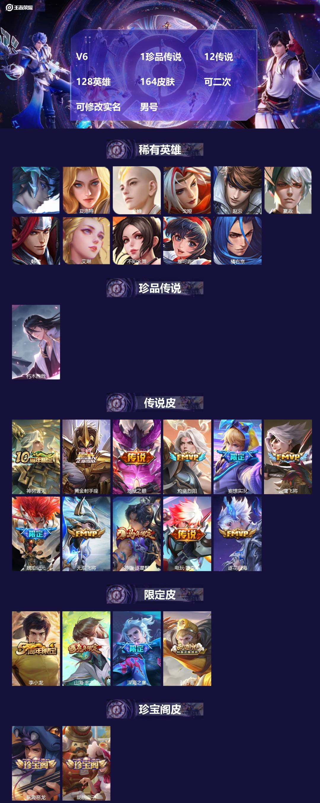 王者荣耀账号苹果QQV6 1珍品传说 12传说 128英雄 164皮肤 可二次 可修改实名 男号 
【英雄全皮】心魔六耳