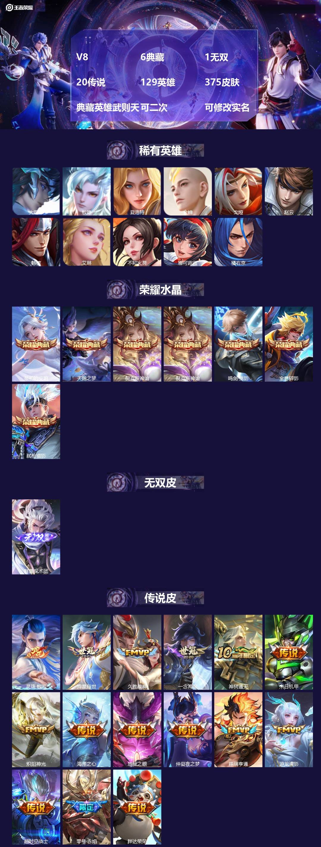 王者荣耀账号苹果QQV8 6典藏 1无双 20传说 129英雄 375皮肤 典藏英雄武则天 可二次 可修改实名 女号 
