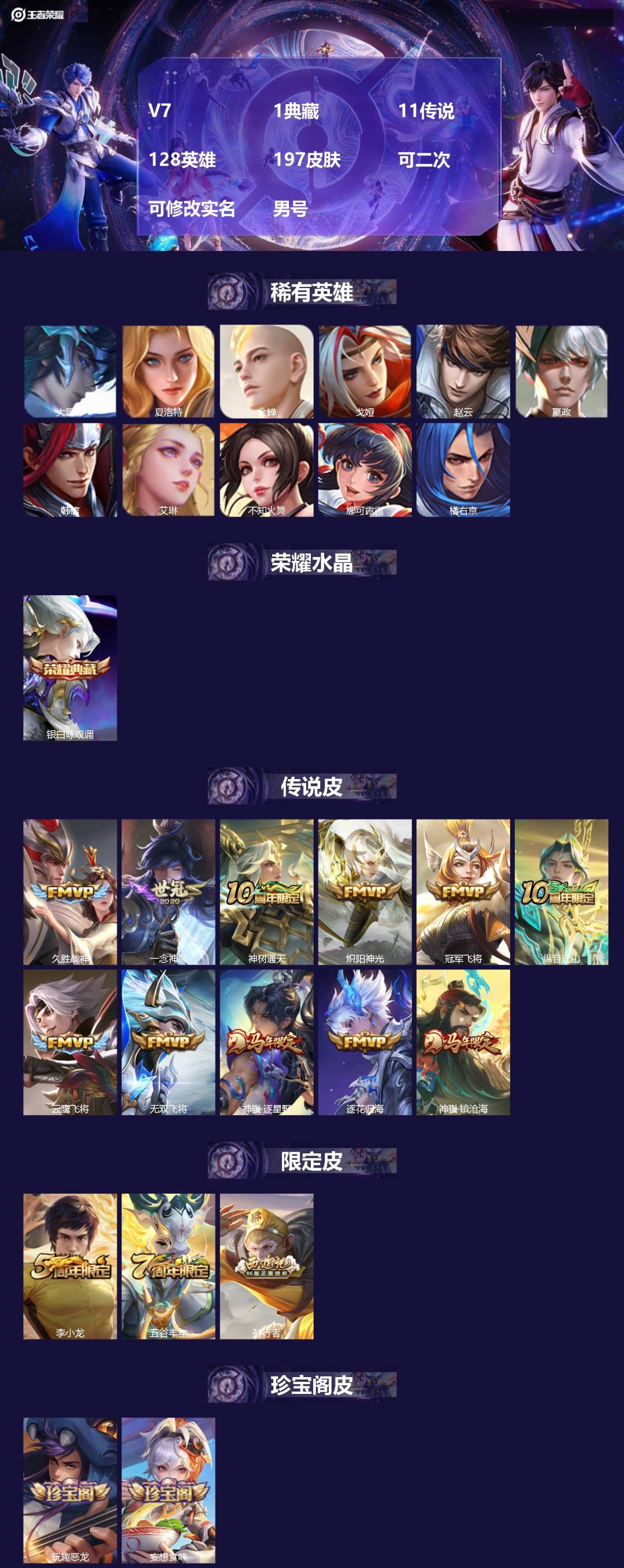 王者荣耀账号安卓QQV7 1典藏 11传说 128英雄 197皮肤 可二次 可修改实名 男号 
【英雄全皮】蒙恬全皮,蚩