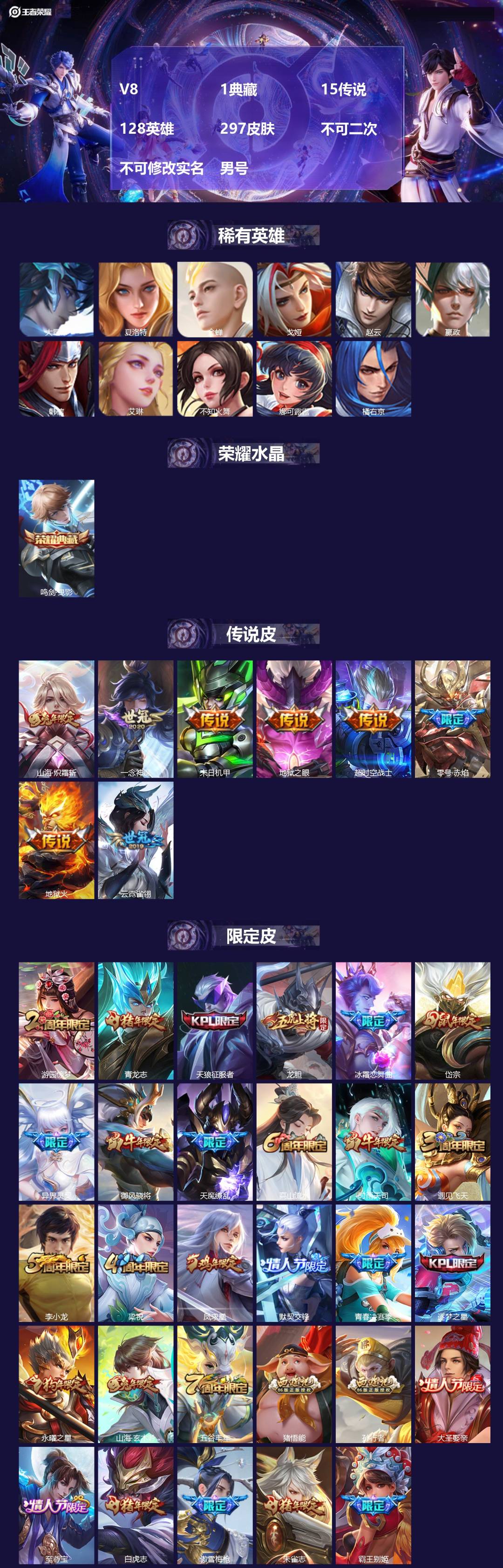 王者荣耀账号安卓QQ[24410344]V8 1典藏 15传说 128英雄 297皮肤 不可二次 不可修改实名 男号 
