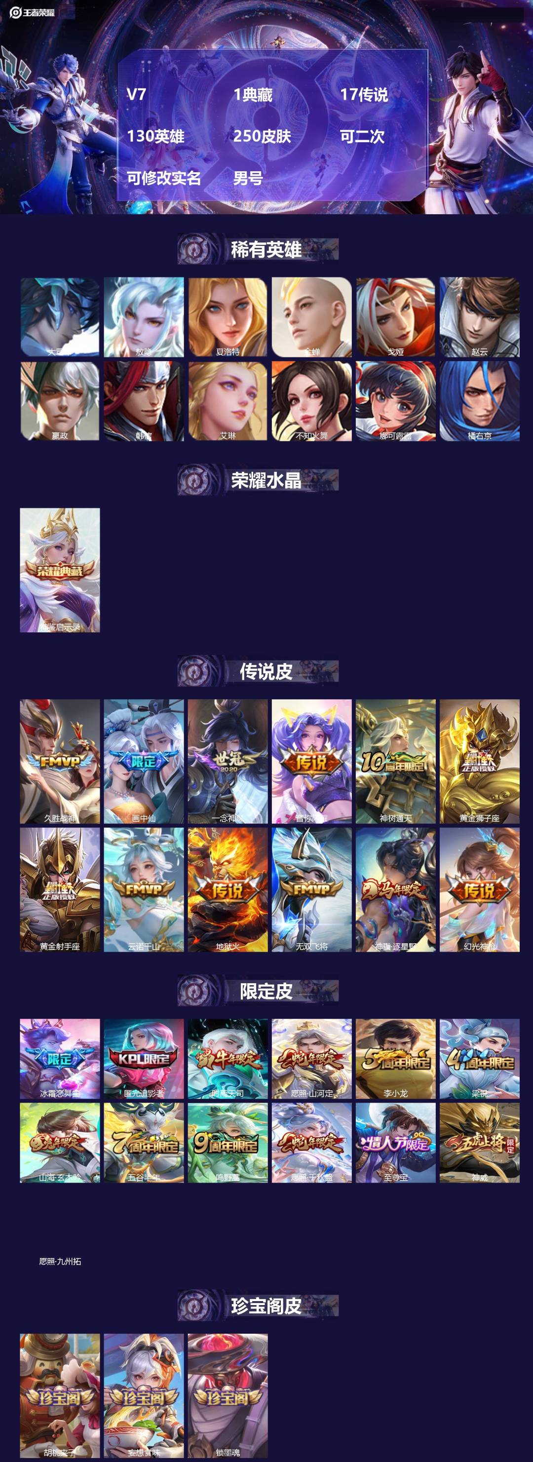 王者荣耀账号安卓QQV7 1典藏 17传说 130英雄 250皮肤 可二次 可修改实名 男号 
【英雄全皮】蚩奼全皮
【