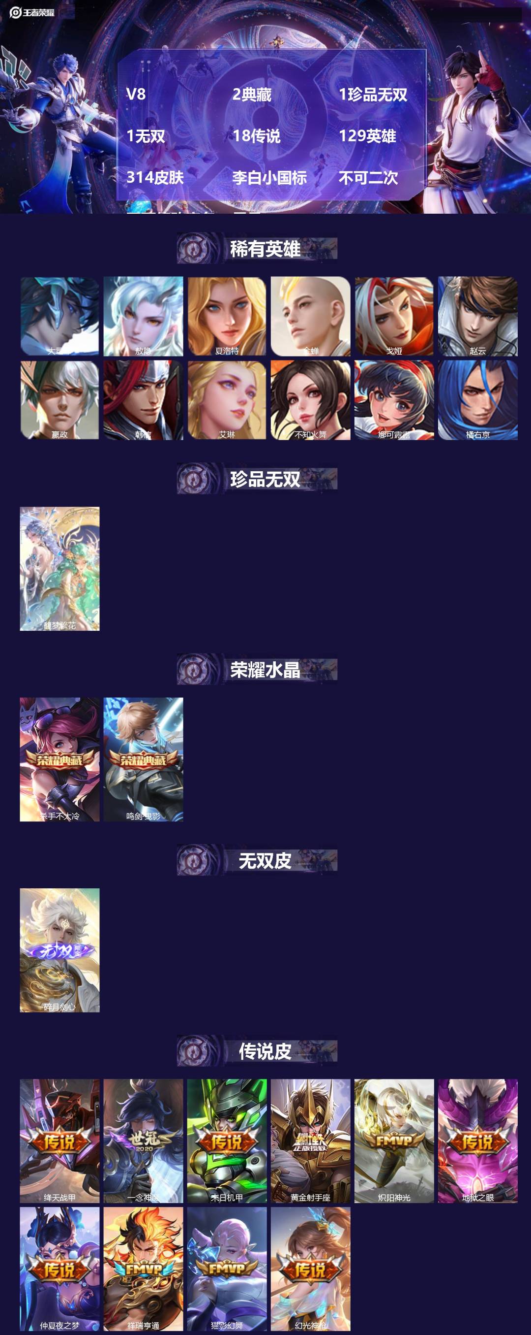 王者荣耀账号安卓QQV8 2典藏 1珍品无双 1无双 18传说 129英雄 314皮肤 李白小国标 不可二次 不可修改实