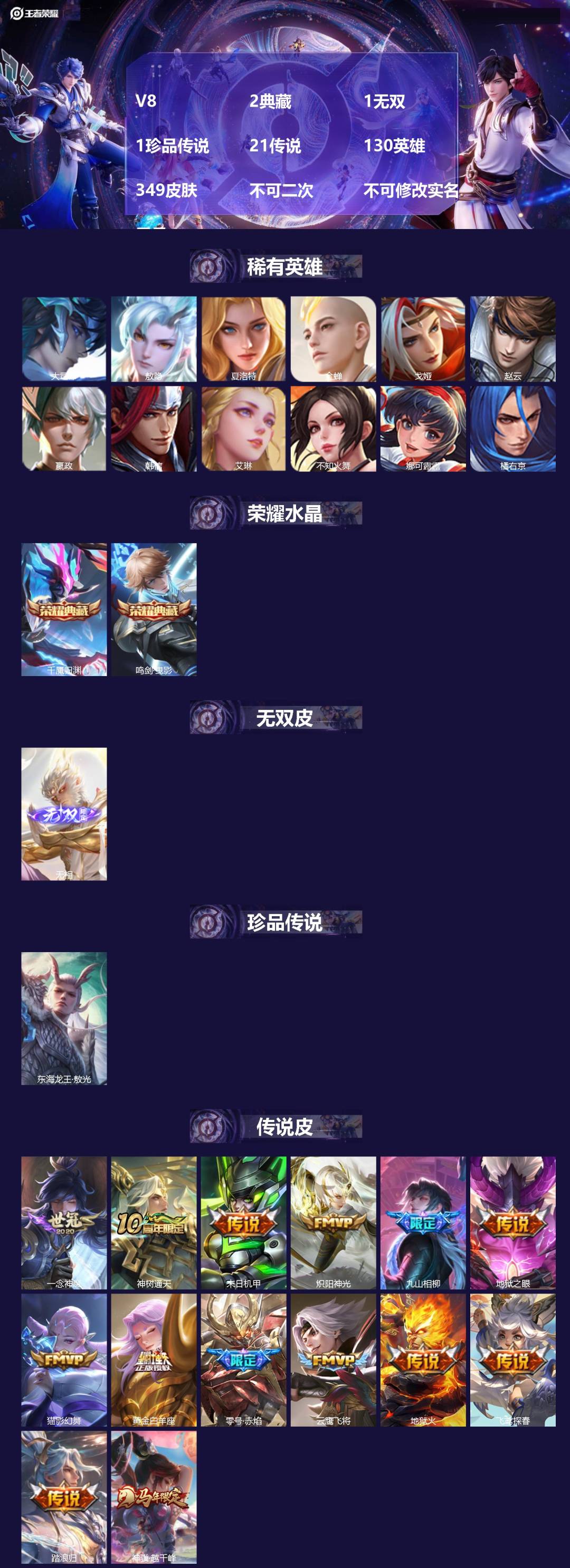 王者荣耀账号安卓QQV8 2典藏 1无双 1珍品传说 21传说 130英雄 349皮肤 不可二次 不可修改实名 男号 
