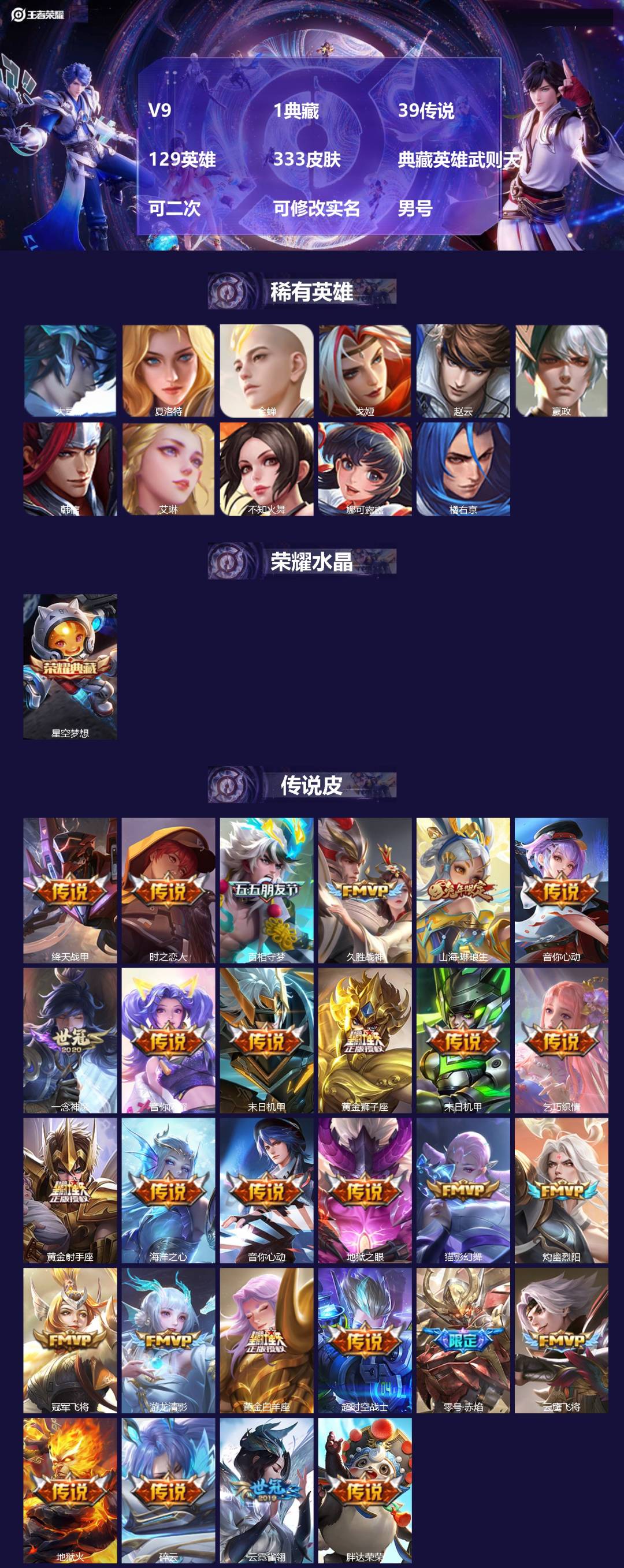 王者荣耀账号安卓QQ[24422825]V9 1典藏 39传说 129英雄 333皮肤 典藏英雄武则天 可二次 可修改实