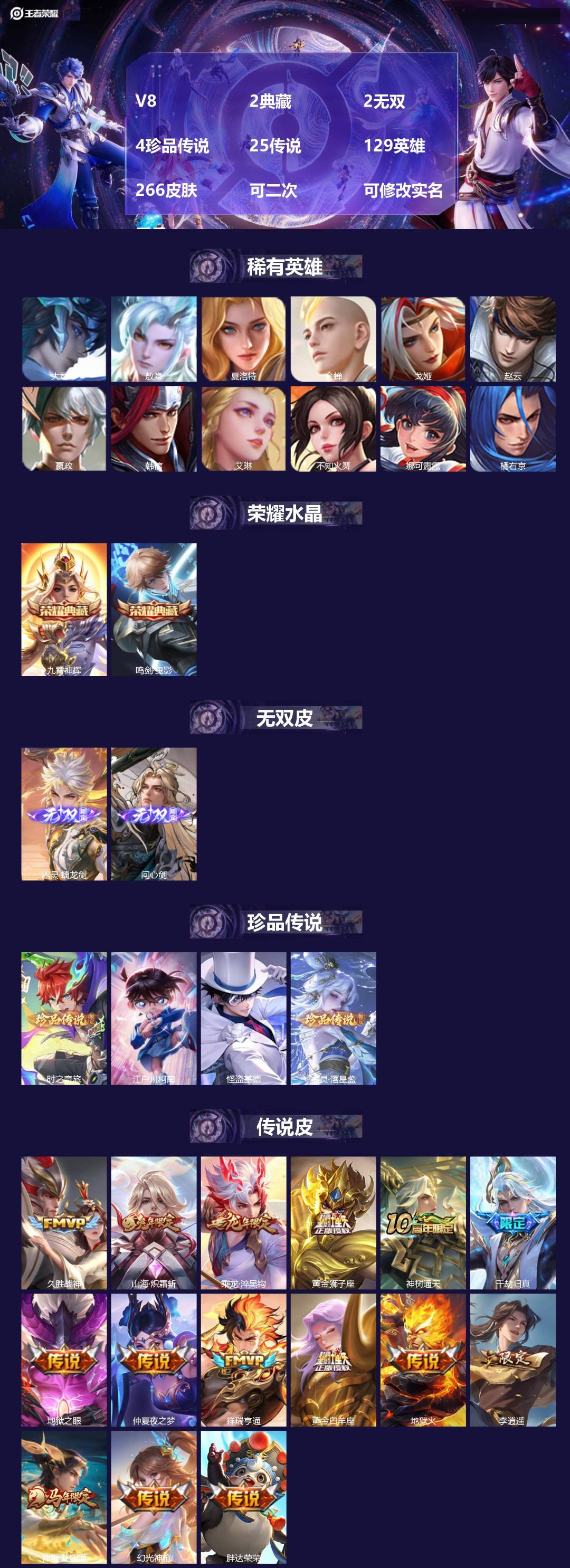王者荣耀账号苹果QQV8 2典藏 2无双 4珍品传说 25传说 129英雄 266皮肤 可二次 可修改实名 男号 
【英