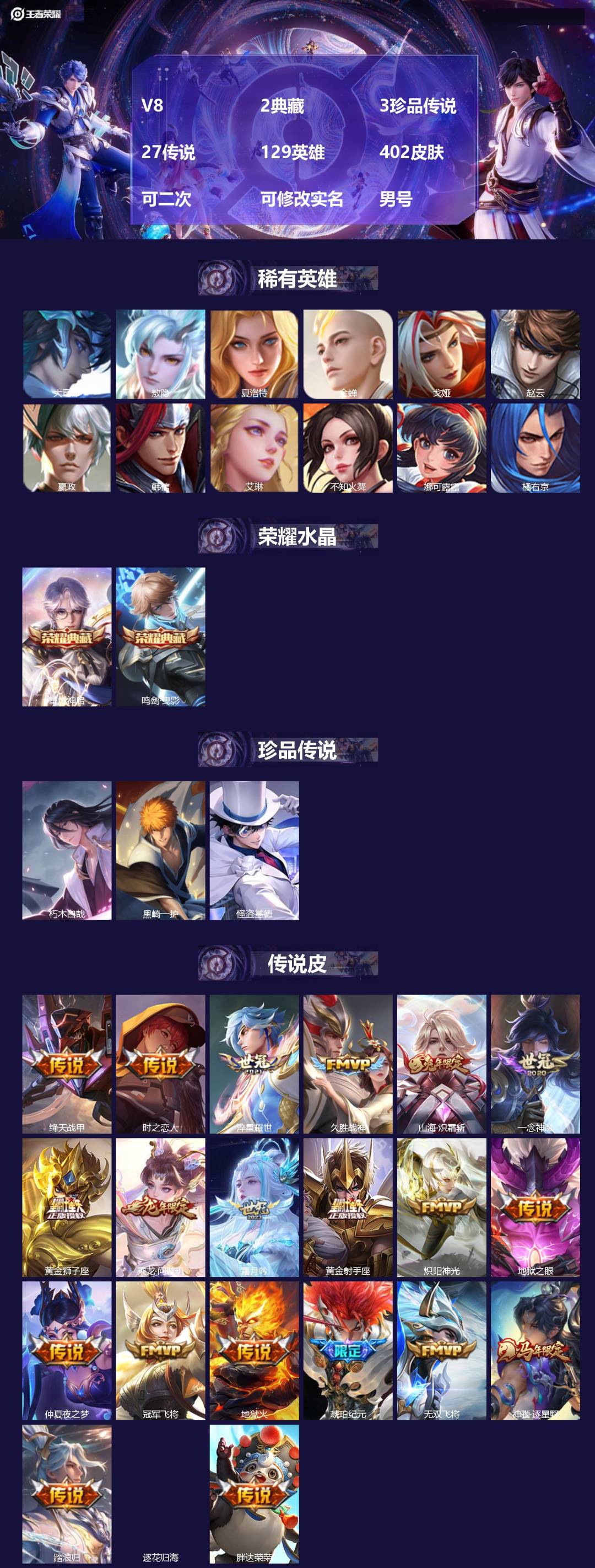 王者荣耀账号安卓QQV8 2典藏 3珍品传说 27传说 129英雄 402皮肤 可二次 可修改实名 男号 
【英雄全皮】