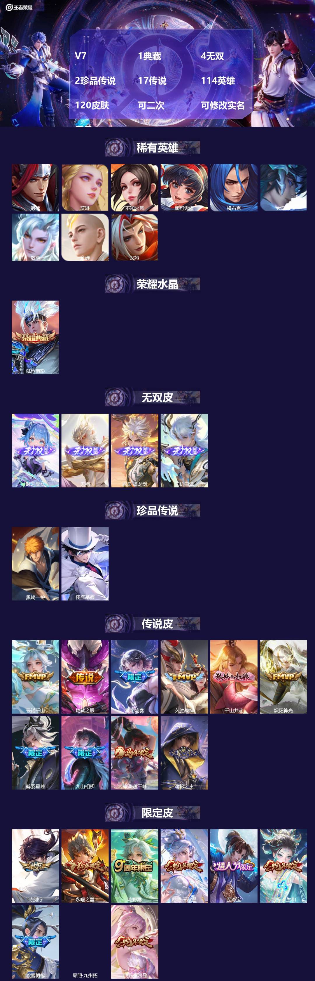 王者荣耀账号安卓VXV7 1典藏 4无双 2珍品传说 17传说 114英雄 120皮肤 可二次 可修改实名 男号 
【英
