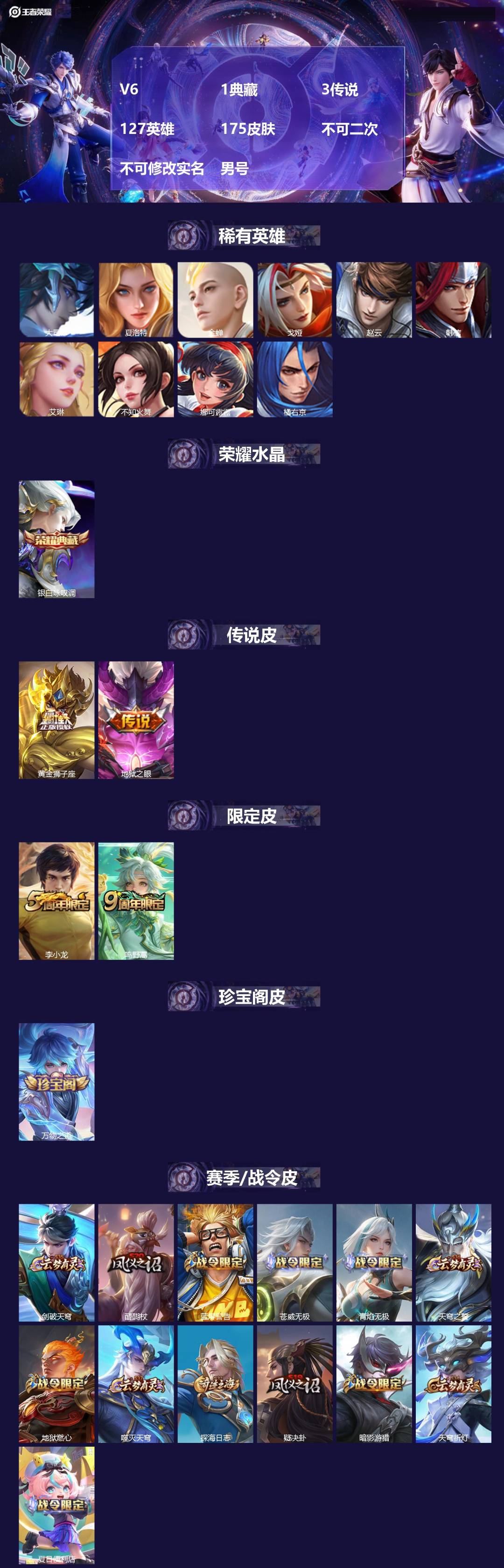王者荣耀账号安卓QQ[24458268]V6 1典藏 3传说 127英雄 175皮肤 不可二次 不可修改实名 男号 
【
