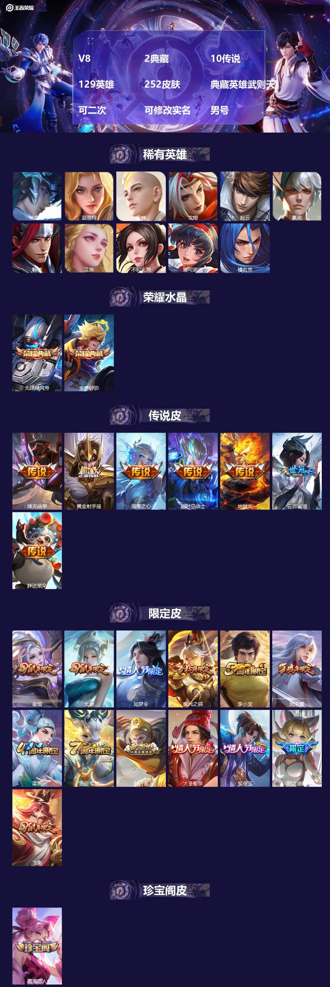 王者荣耀账号安卓QQ[24465968]V8 2典藏 10传说 129英雄 252皮肤 典藏英雄武则天 可二次 可修改实