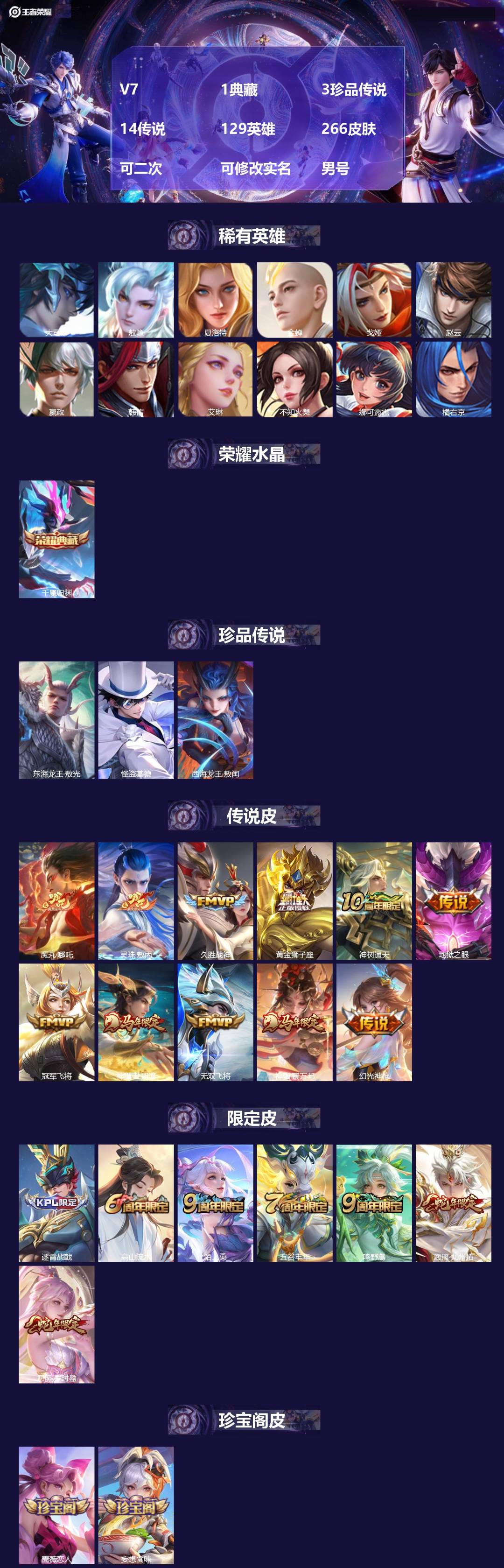 王者荣耀账号安卓QQV7 1典藏 3珍品传说 14传说 129英雄 266皮肤 可二次 可修改实名 男号 
【英雄全皮】