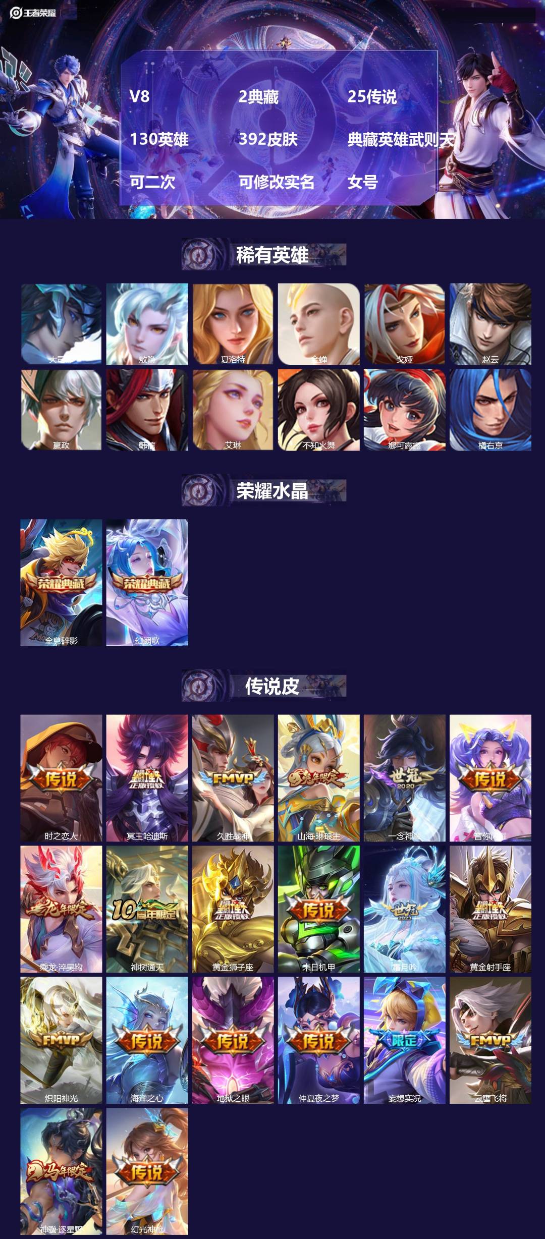 王者荣耀账号安卓QQ[24478536]V8 2典藏 25传说 130英雄 392皮肤 典藏英雄武则天 可二次 可修改实
