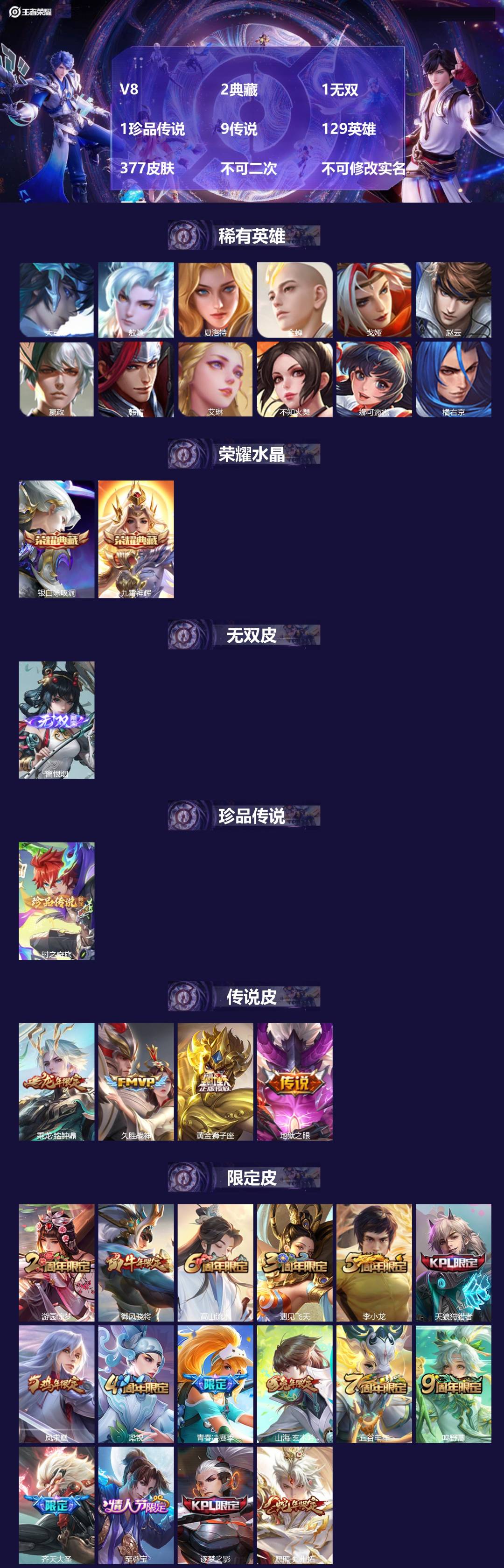 王者荣耀账号安卓QQ[24493330]V8 2典藏 1无双 1珍品传说 9传说 129英雄 377皮肤 不可二次 不可