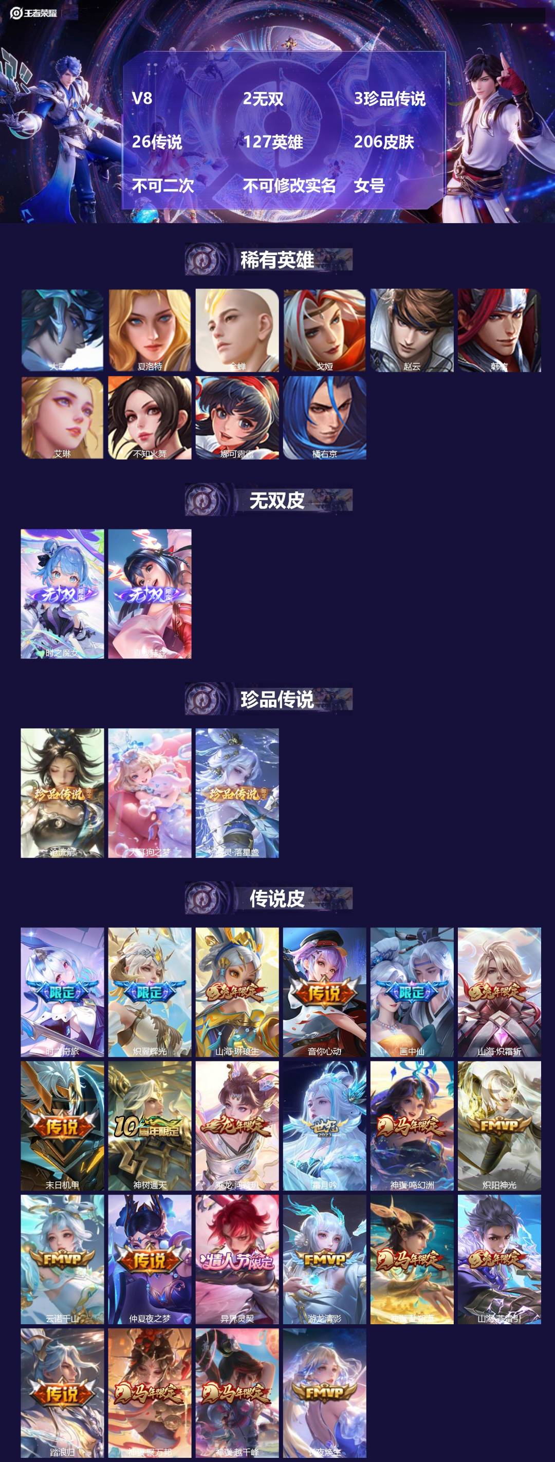 王者荣耀账号安卓VXV8 2无双 3珍品传说 26传说 127英雄 206皮肤 不可二次 不可修改实名 女号 
【英雄全