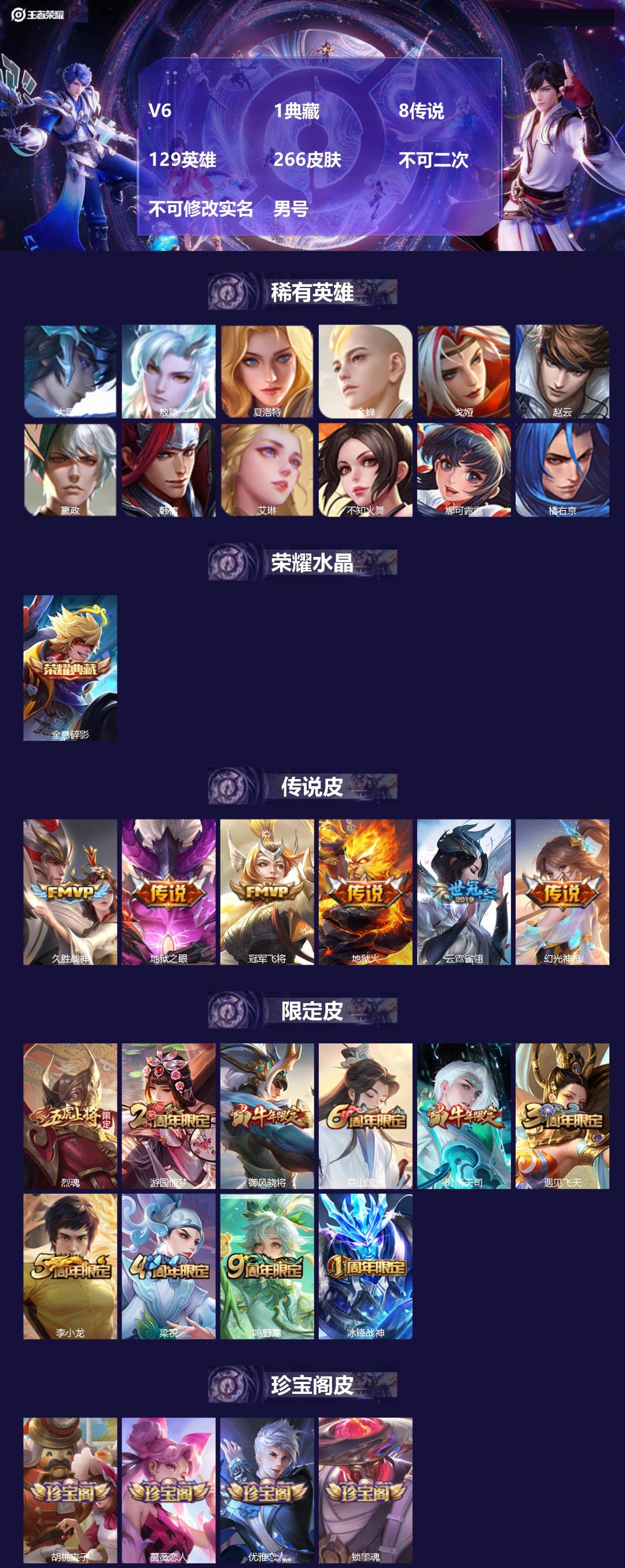 王者荣耀账号安卓QQ[24517275]V6 1典藏 8传说 129英雄 266皮肤 不可二次 不可修改实名 男号 
【