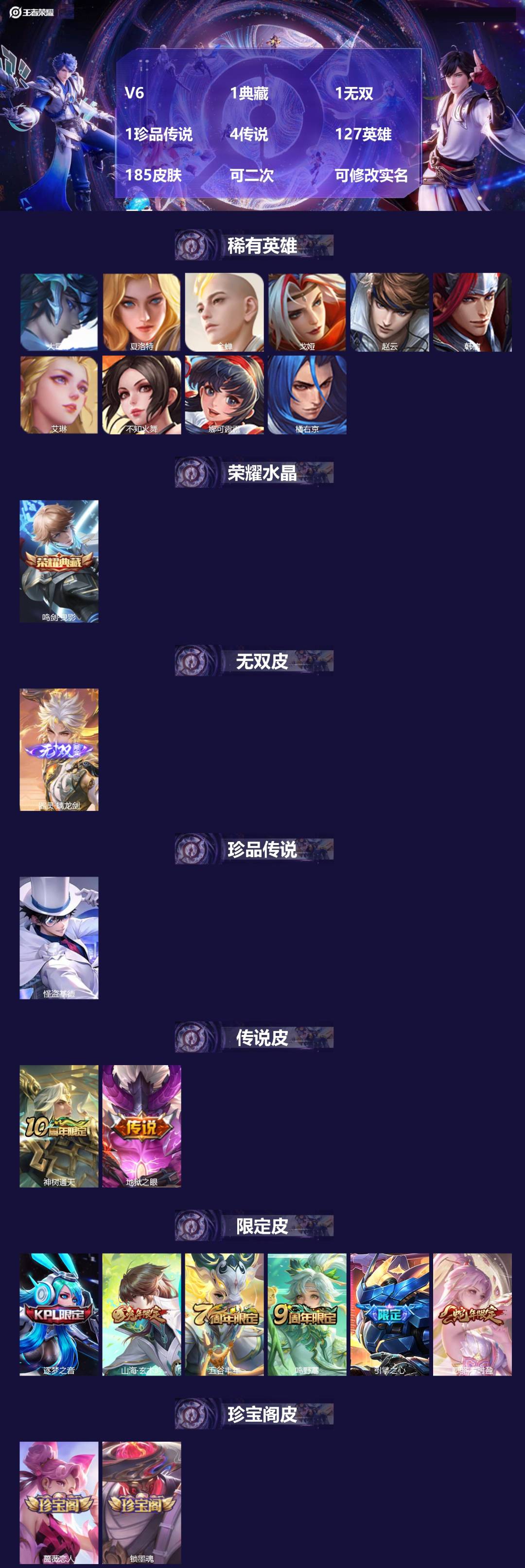 王者荣耀账号安卓QQ[24520390]V6 1典藏 1无双 1珍品传说 4传说 127英雄 185皮肤 可二次 可修改