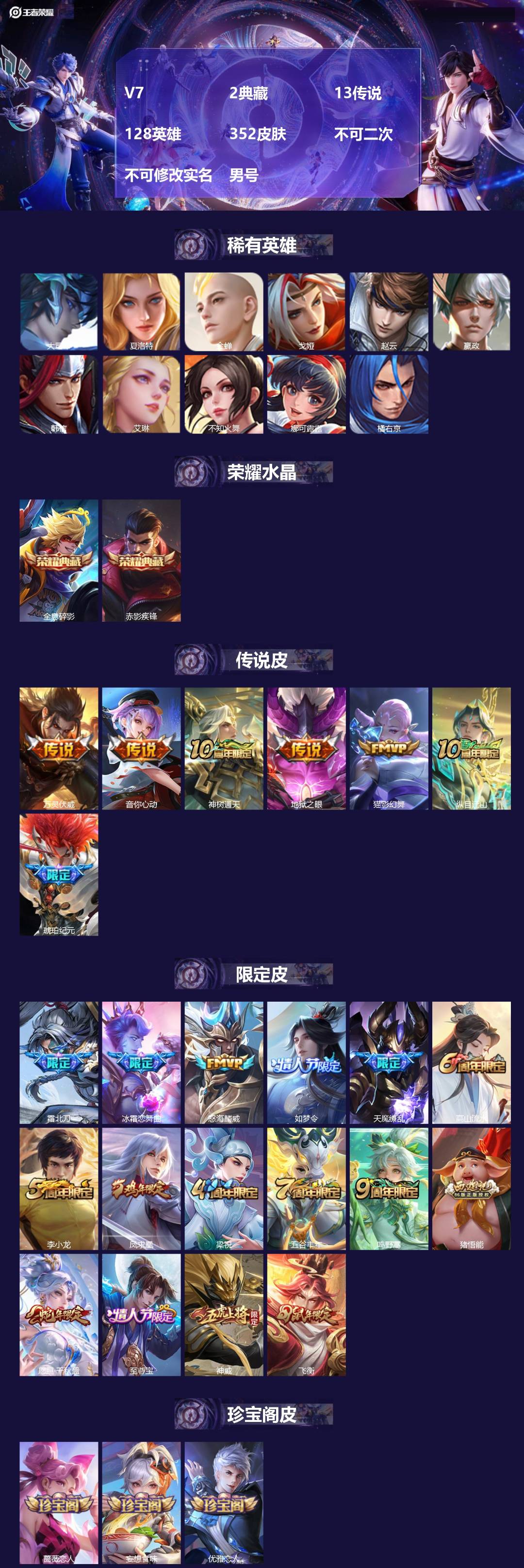 王者荣耀账号安卓QQ[24520452]V7 2典藏 13传说 128英雄 352皮肤 不可二次 不可修改实名 男号 
