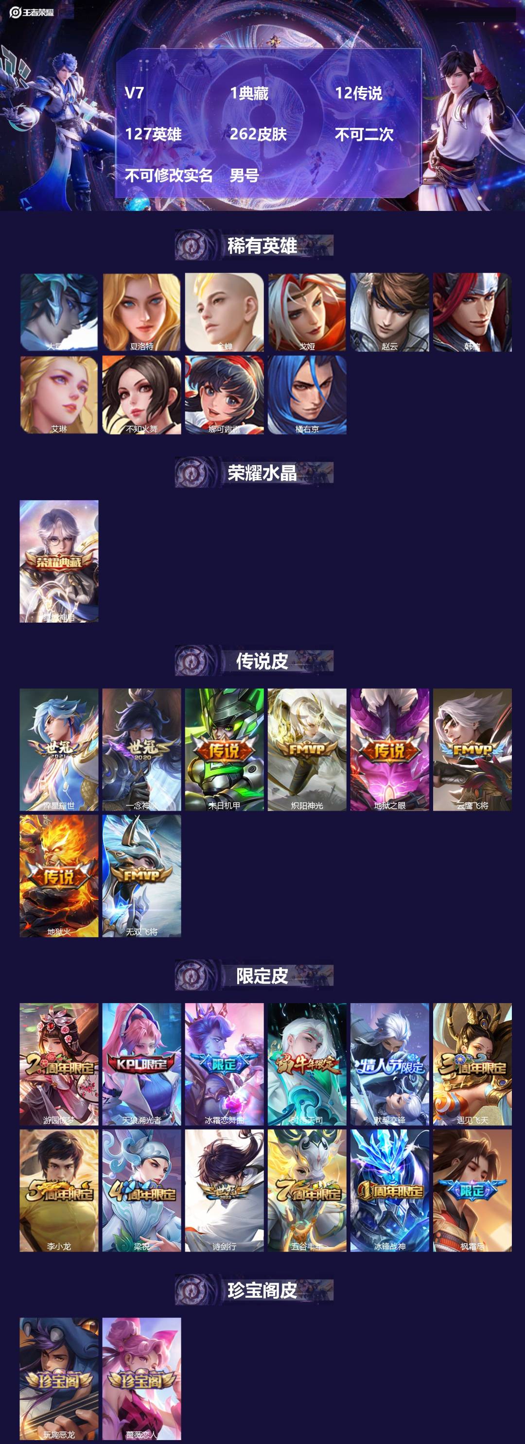 王者荣耀账号安卓QQ[24575885]V7 1典藏 12传说 127英雄 262皮肤 不可二次 不可修改实名 男号 
