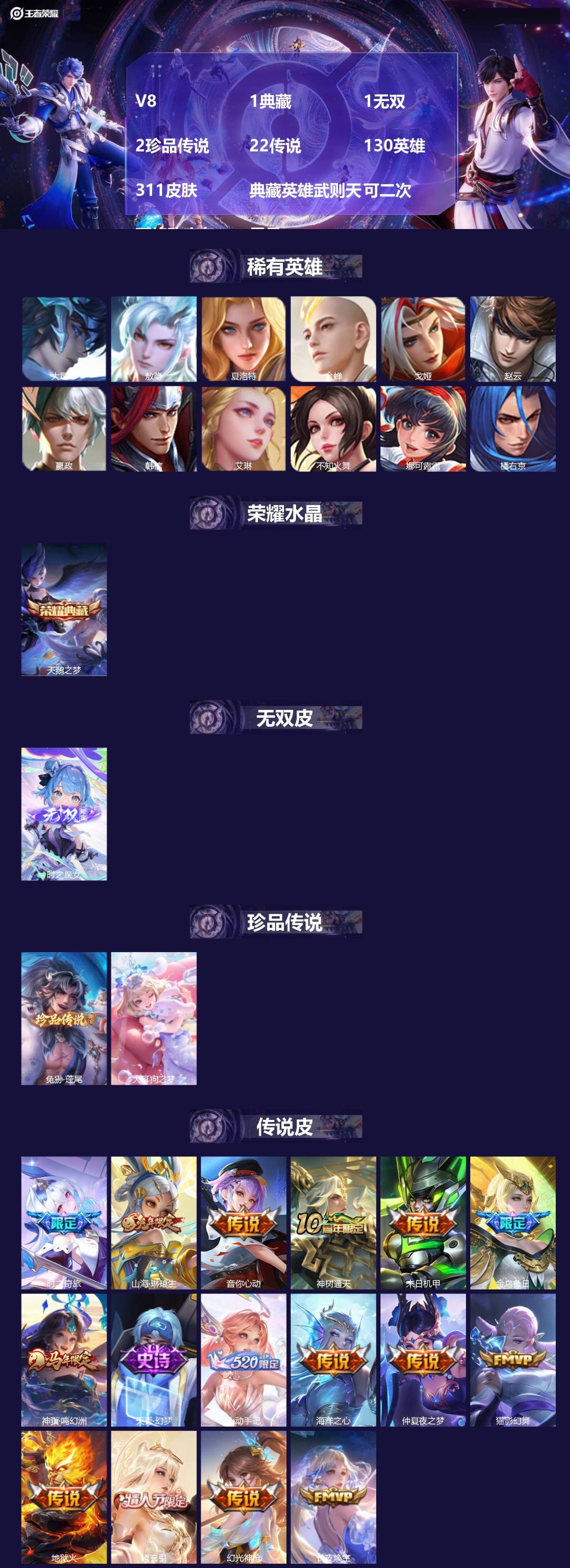 王者荣耀账号苹果VXV8 1典藏 1无双 2珍品传说 22传说 130英雄 311皮肤 典藏英雄武则天 可二次 可修改实
