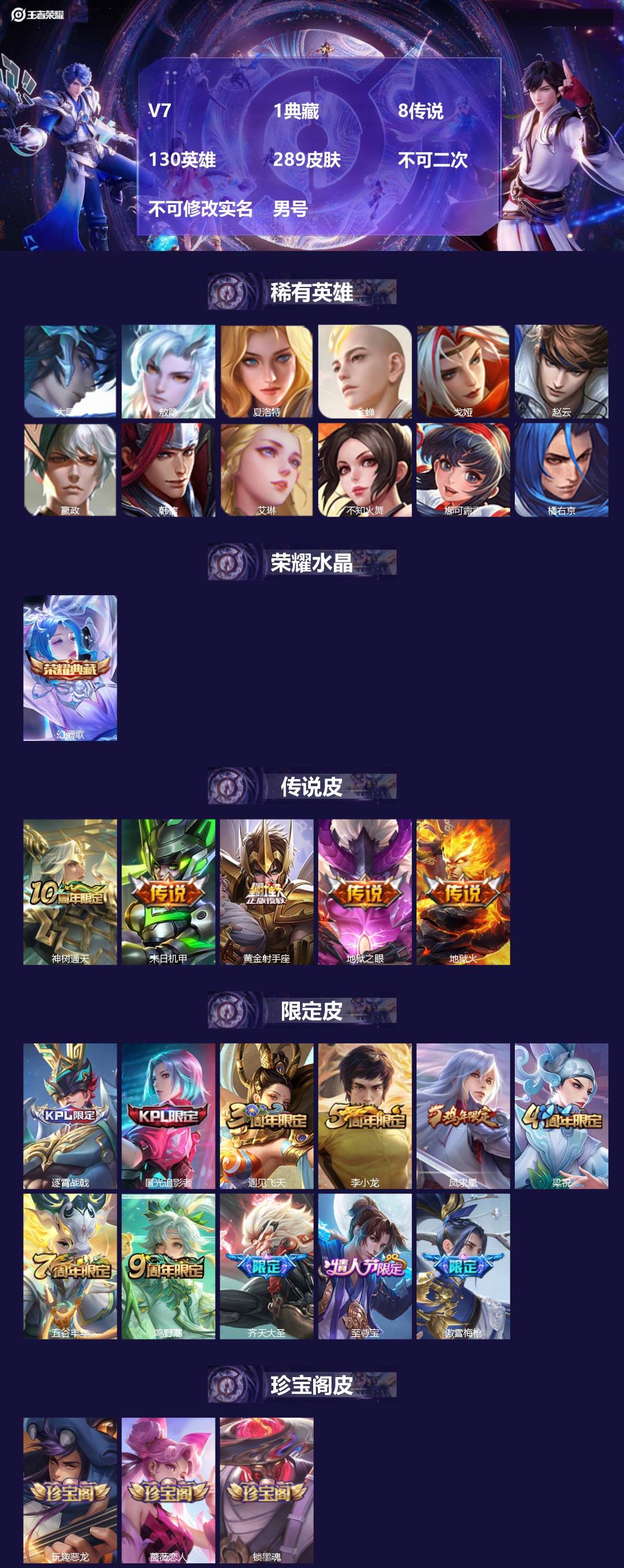 王者荣耀账号安卓QQ[24606615]V7 1典藏 8传说 130英雄 289皮肤 不可二次 不可修改实名 男号 
【