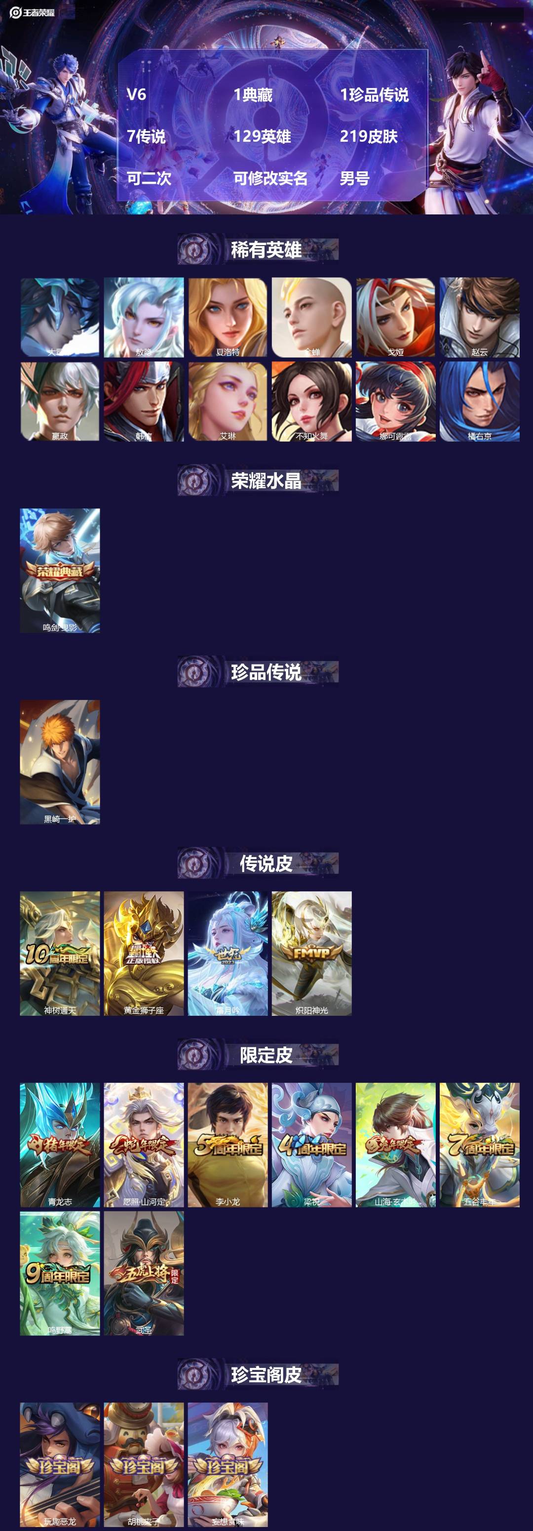 王者荣耀账号安卓QQV6 1典藏 1珍品传说 7传说 129英雄 219皮肤 可二次 可修改实名 男号 
【英雄全皮】司