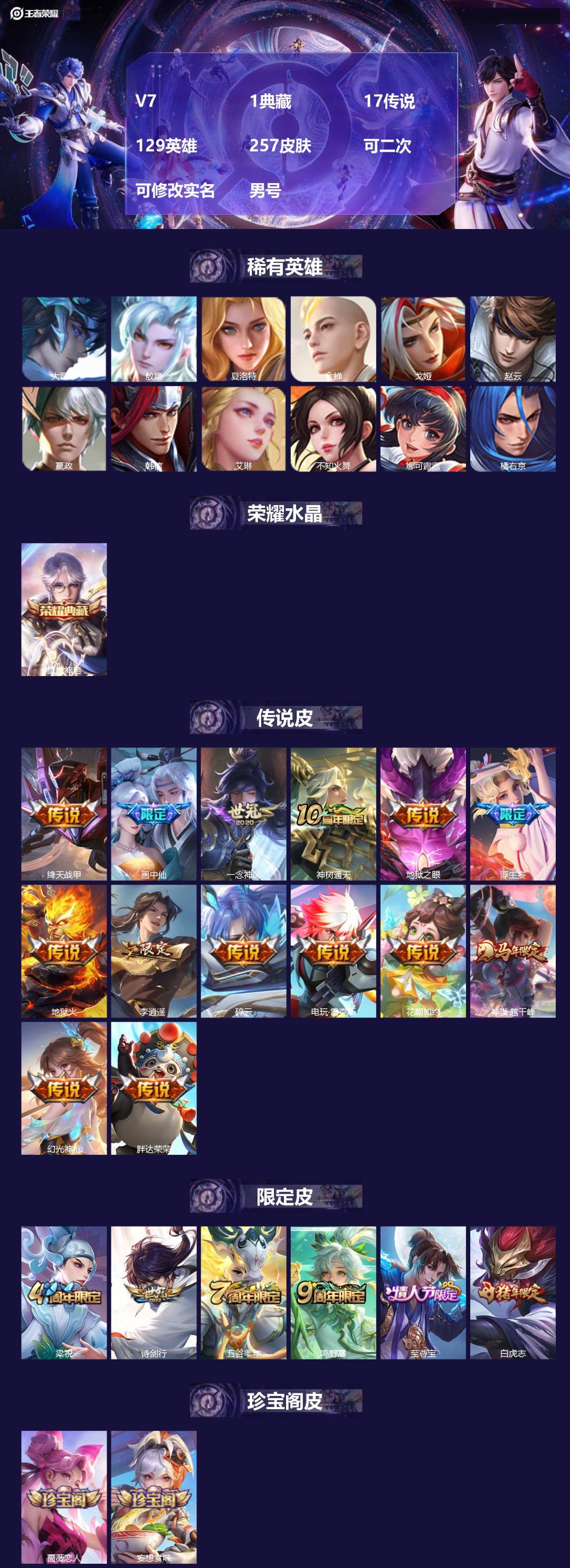 王者荣耀账号安卓QQ[24623819]V7 1典藏 17传说 129英雄 257皮肤 可二次 可修改实名 男号 
【英