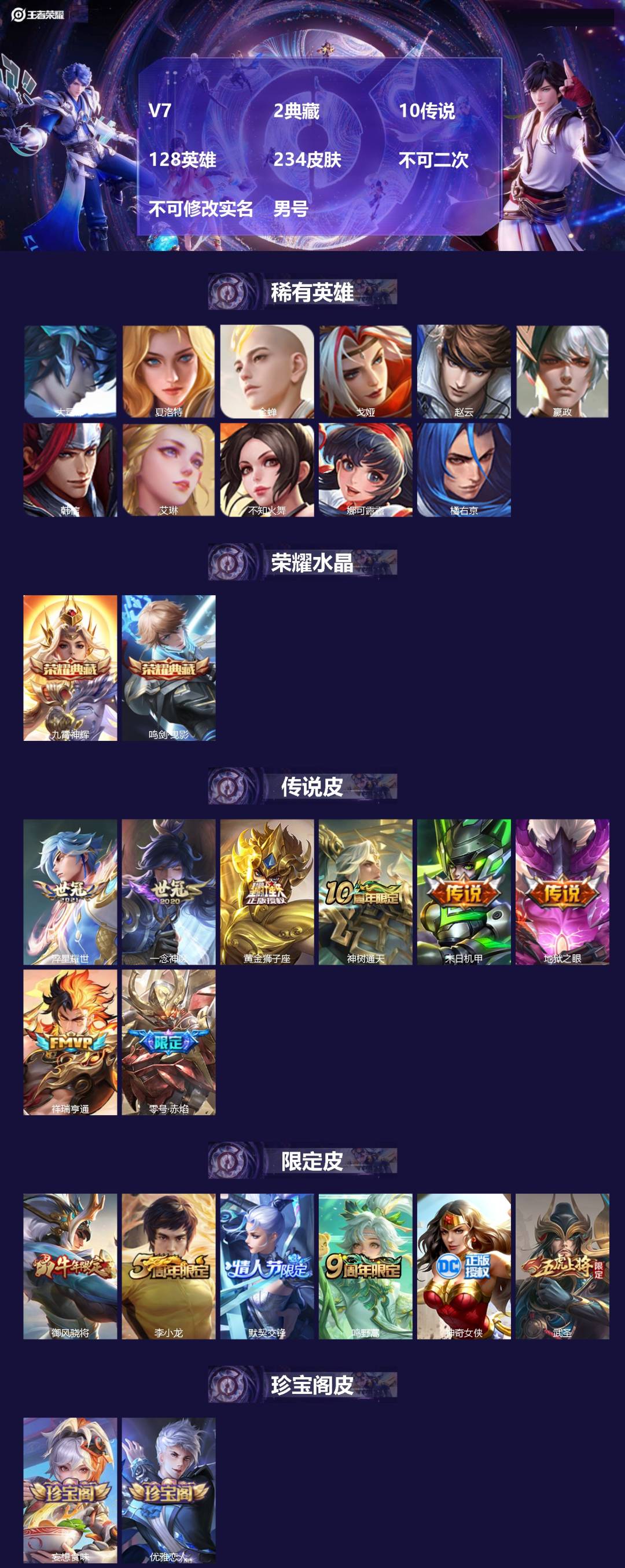 王者荣耀账号安卓QQ[24625184]V7 2典藏 10传说 128英雄 234皮肤 不可二次 不可修改实名 男号 
