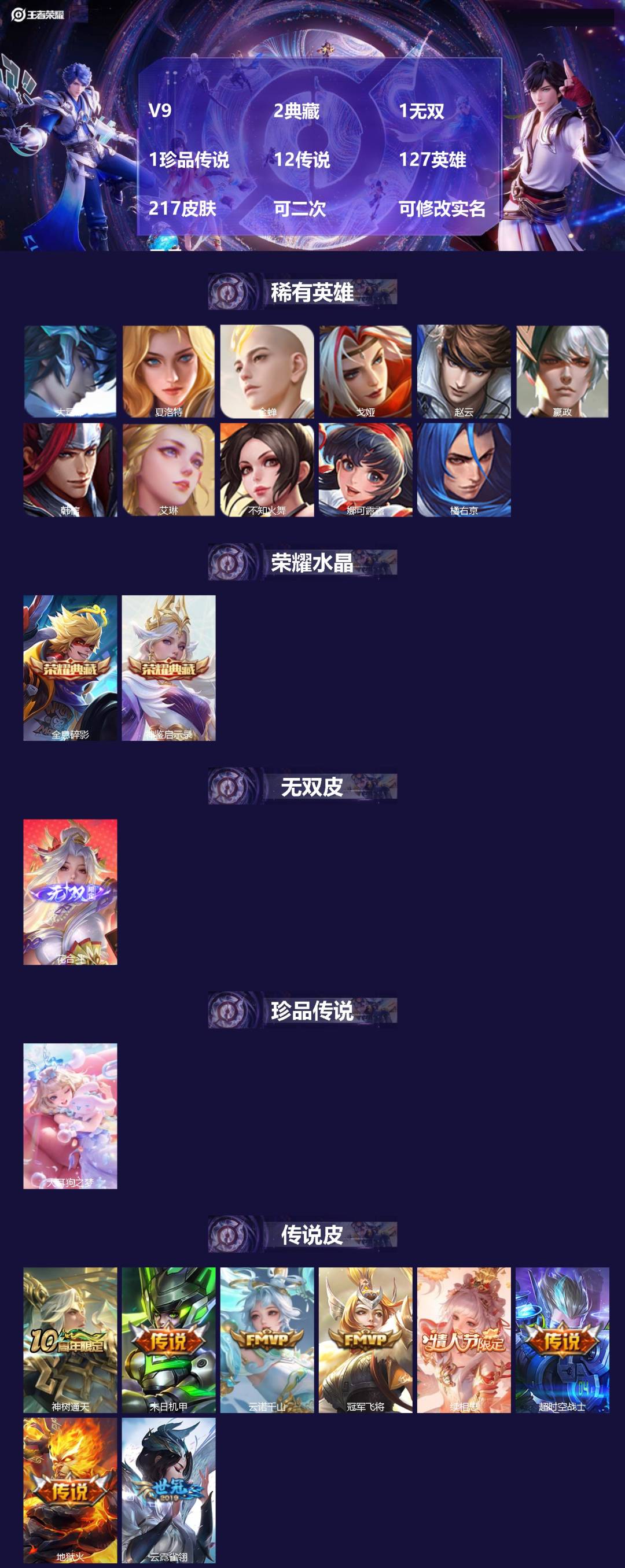 王者荣耀账号安卓QQV9 2典藏 1无双 1珍品传说 12传说 127英雄 217皮肤 可二次 可修改实名 男号 
【稀