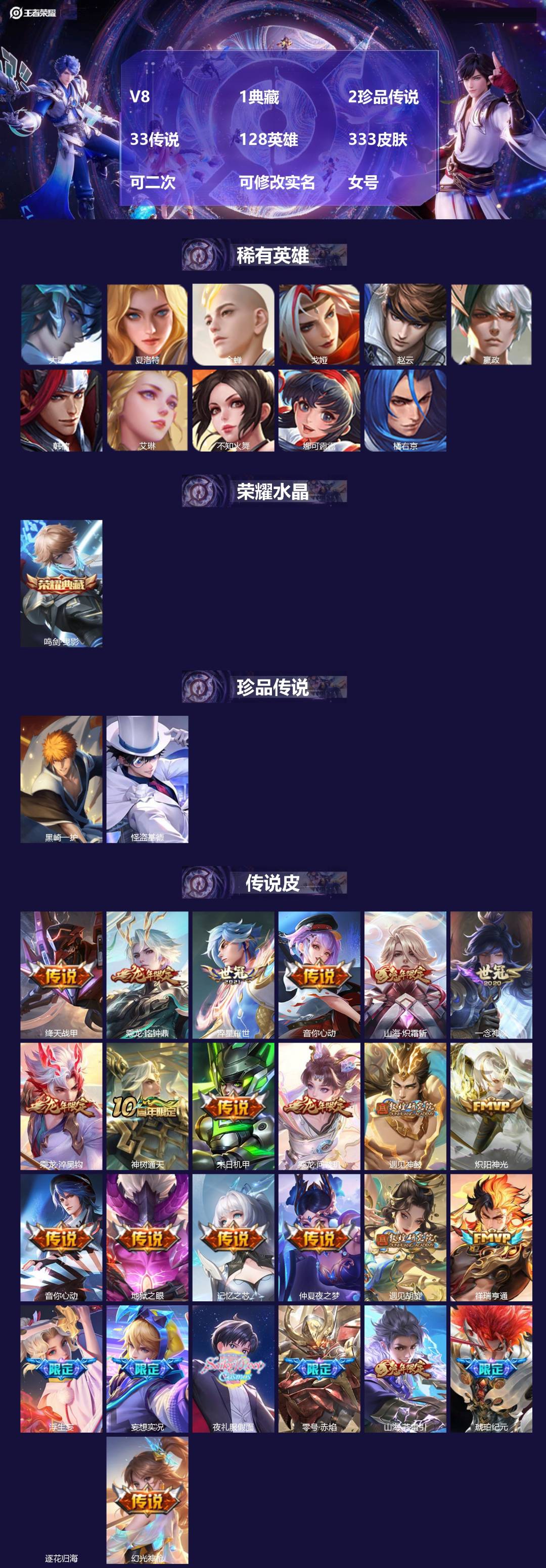 王者荣耀账号安卓QQV8 1典藏 2珍品传说 33传说 128英雄 333皮肤 可二次 可修改实名 女号 
【英雄全皮】