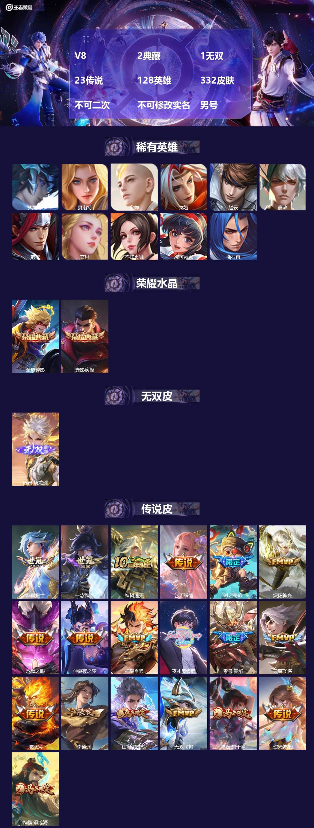 王者荣耀账号安卓QQV8 2典藏 1无双 23传说 128英雄 332皮肤 不可二次 不可修改实名 男号 
【英雄全皮】