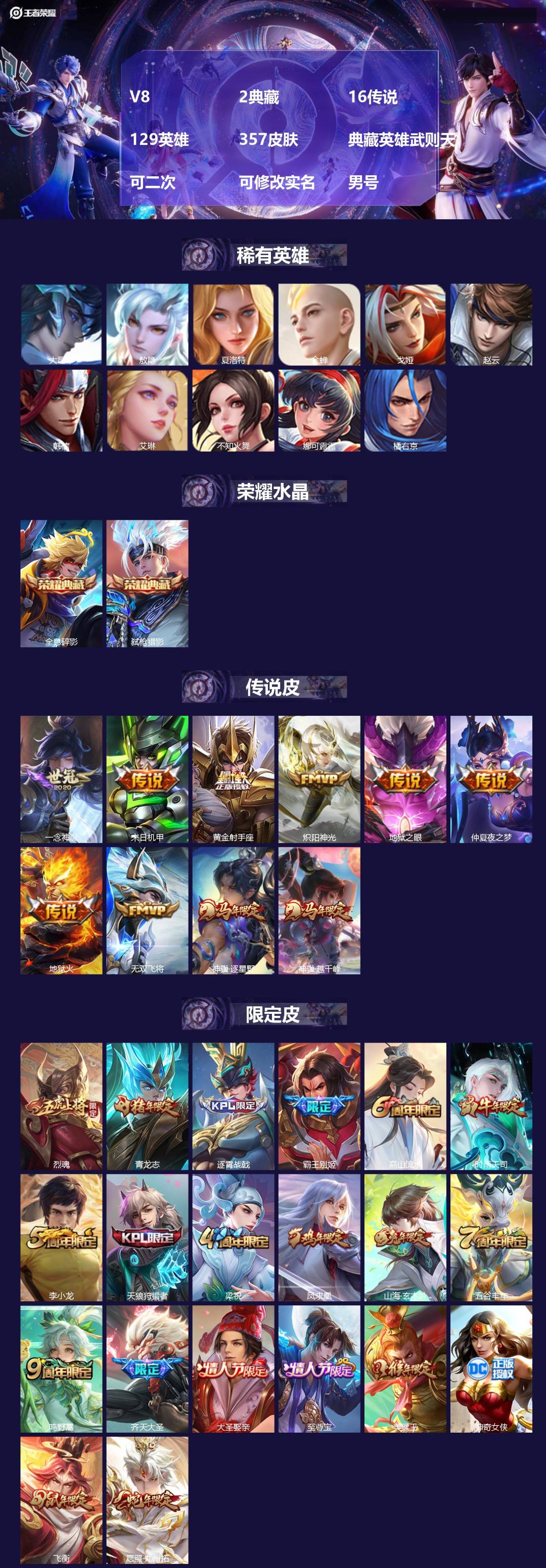 王者荣耀账号苹果QQ[24627814]V8 2典藏 16传说 129英雄 357皮肤 典藏英雄武则天 可二次 可修改实
