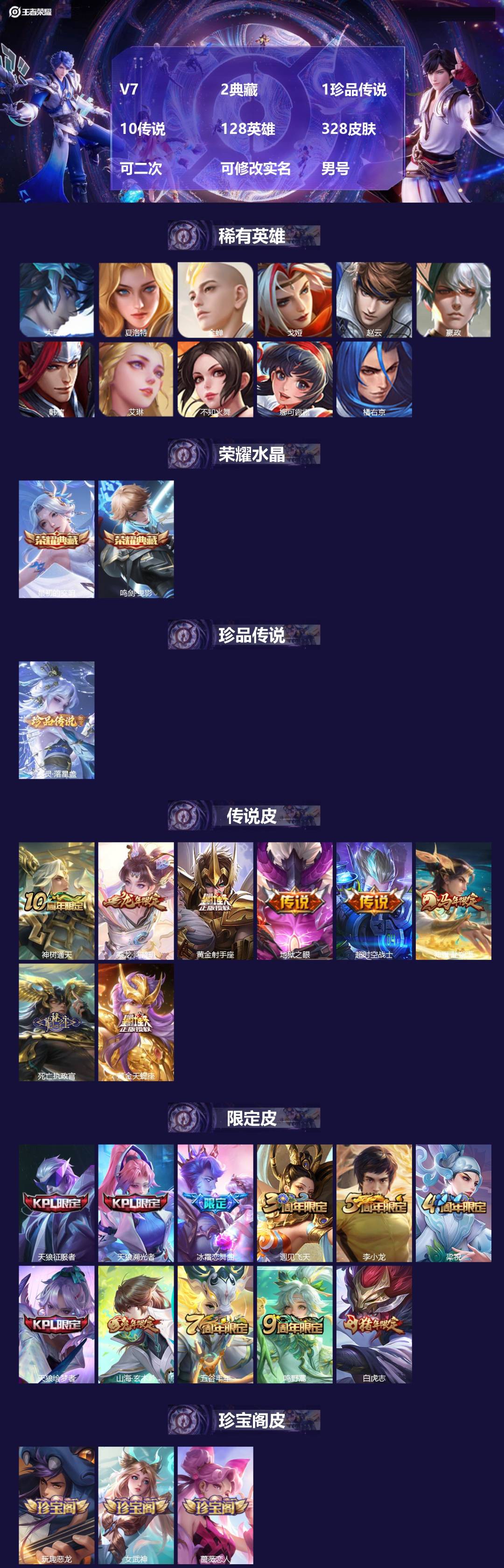 王者荣耀账号安卓QQ[24636368]V7 2典藏 1珍品传说 10传说 128英雄 328皮肤 可二次 可修改实名 