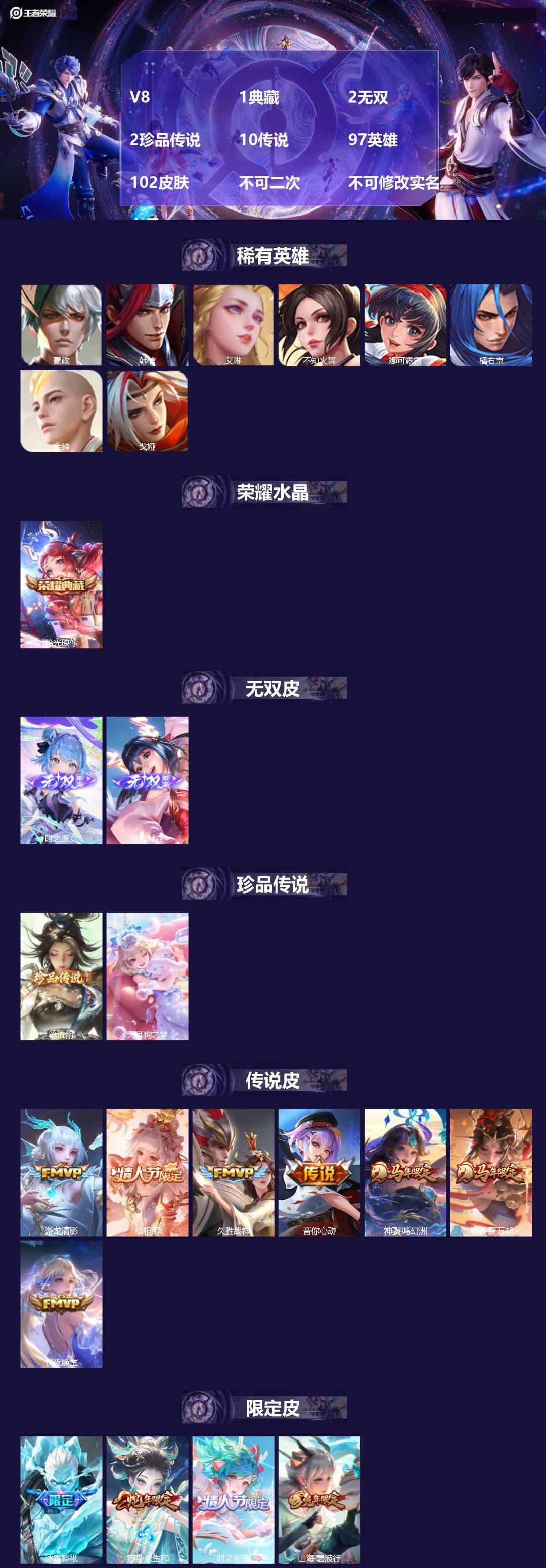 王者荣耀账号安卓QQV8 1典藏 2无双 2珍品传说 10传说 97英雄 102皮肤 不可二次 不可修改实名 女号 
【