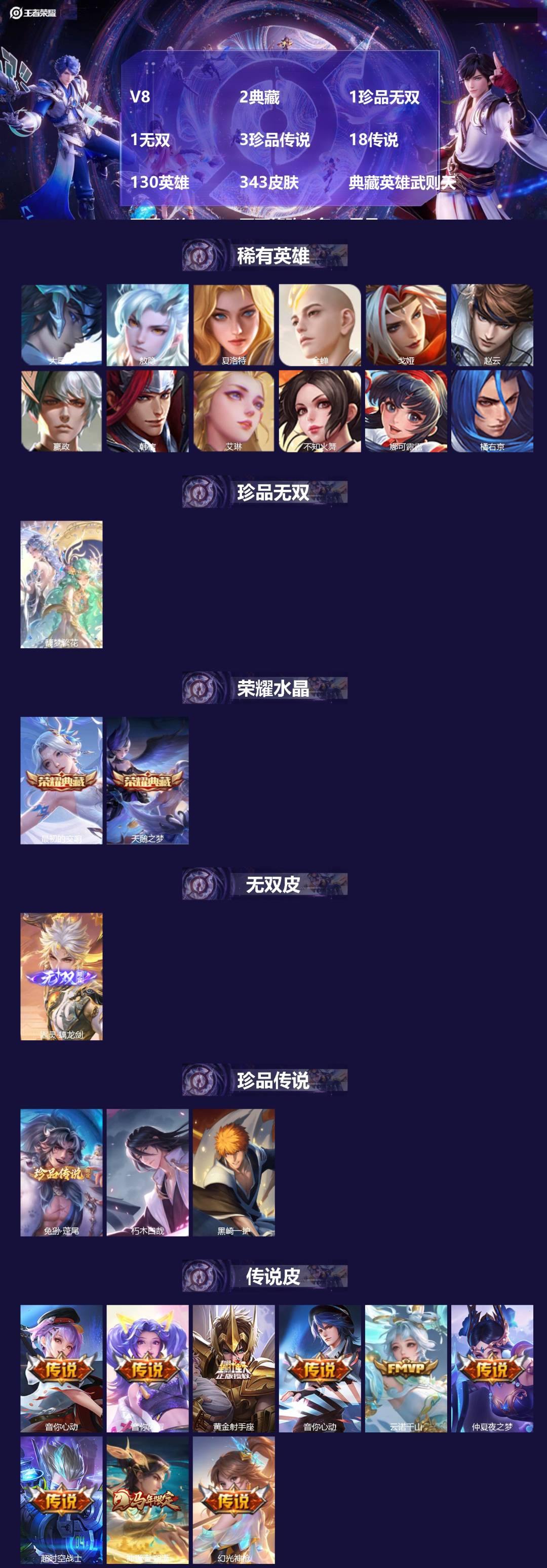 王者荣耀账号安卓QQ[24669601]V8 2典藏 1珍品无双 1无双 3珍品传说 18传说 130英雄 343皮肤 